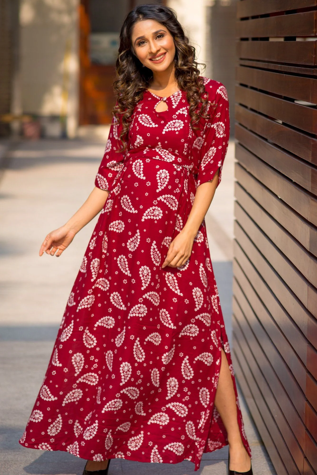 Maroon White Paisley Slit Concealed Zips Maternity & Feeding Dress - Chenance