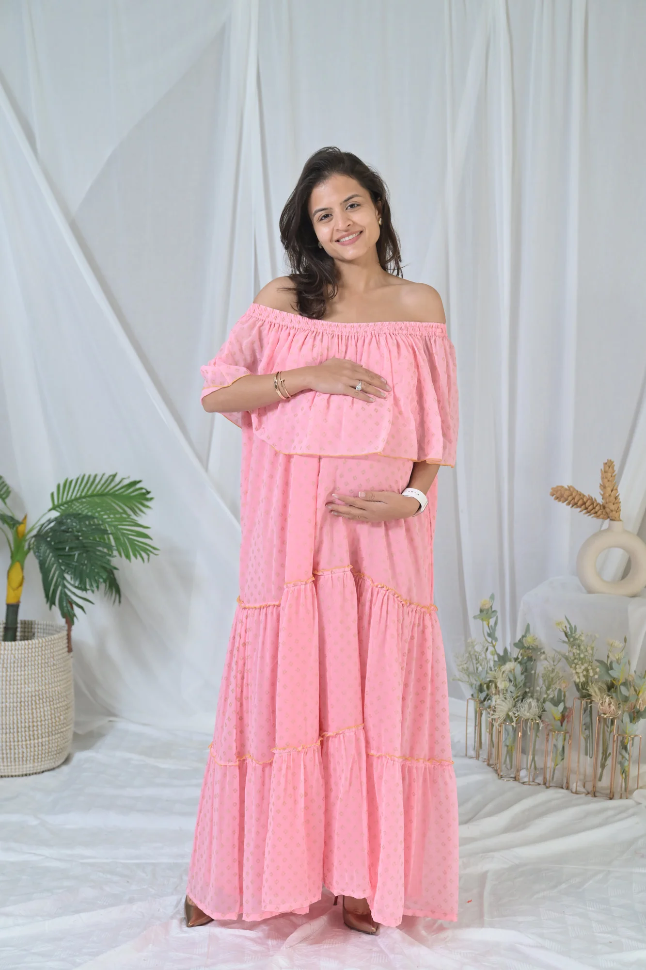 Elegant Peach Love Off-Shoulder Maternity Maxi Dress - Chenance