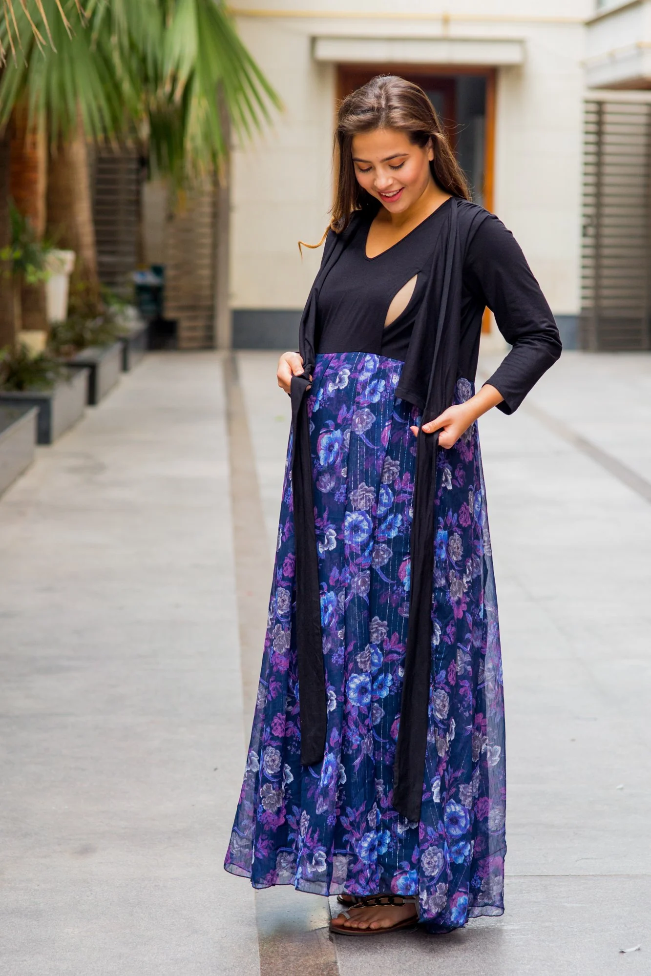 Luxe Violet Floral Chiffon Maternity & Nursing Wrap Dress - Chenance
