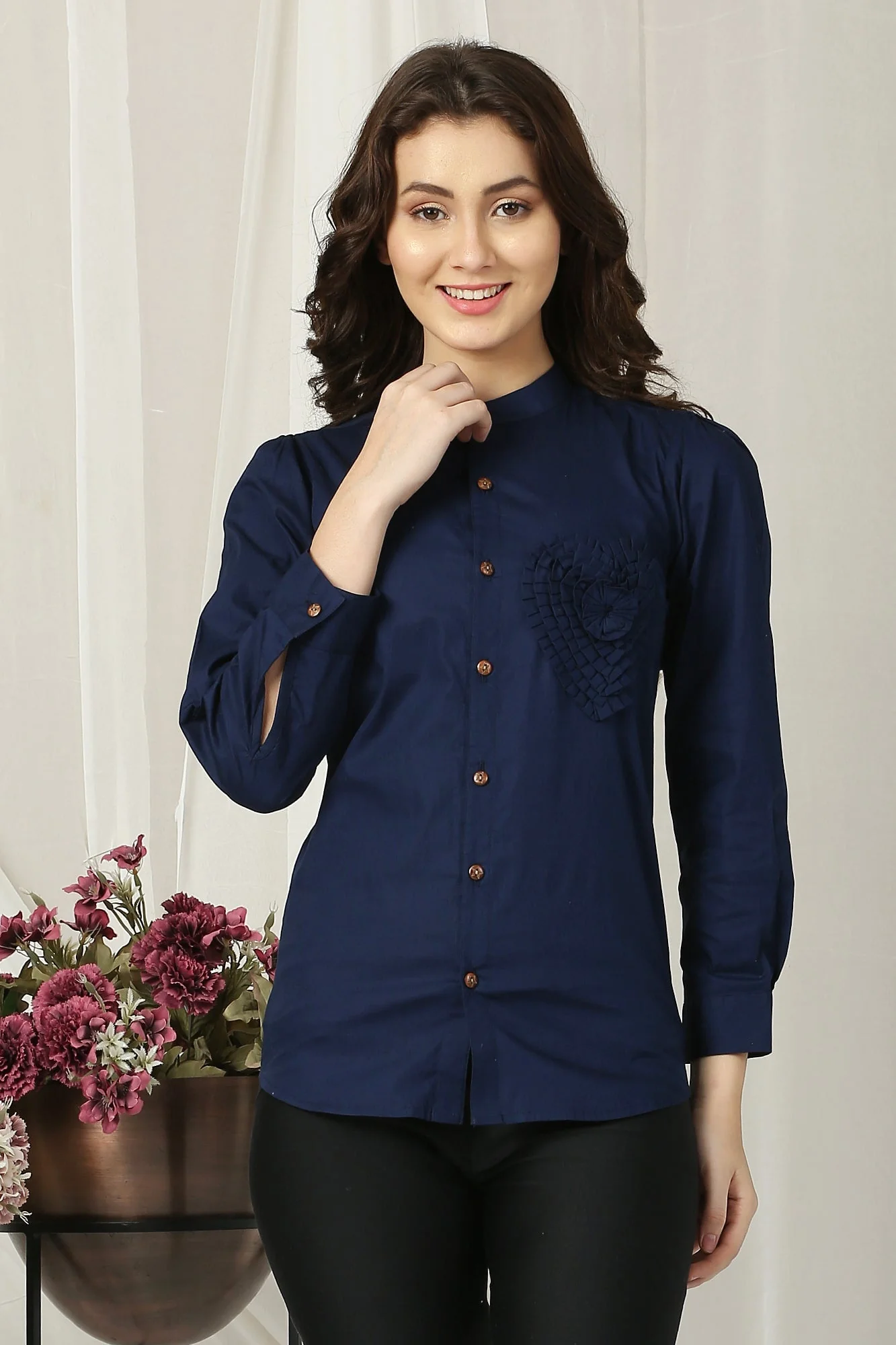 Women French Navy Enrich Shirt (100% Cotton) - Chenance