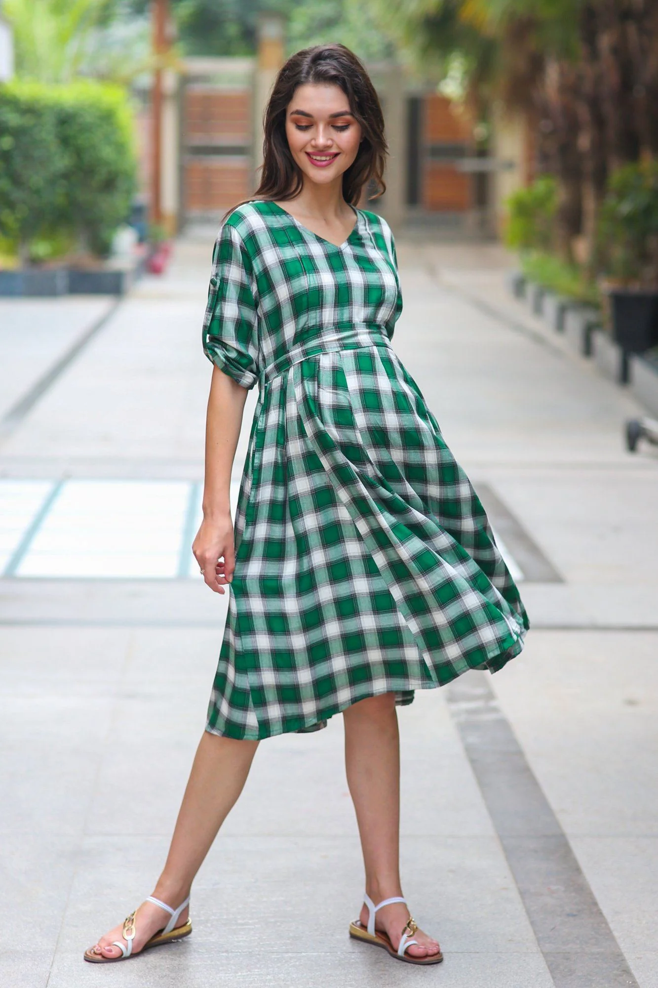 Forest Green Plaid Maternity & Nursing Dress - Chenance