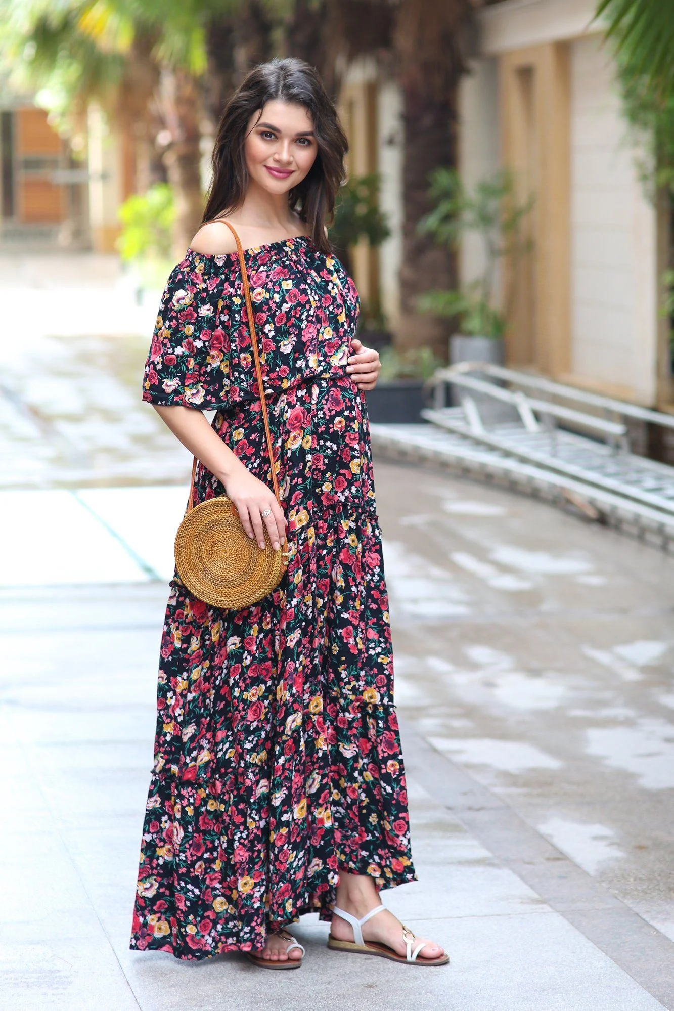 Midnight Blossom Off-Shoulder Maternity Maxi Dress - Chenance