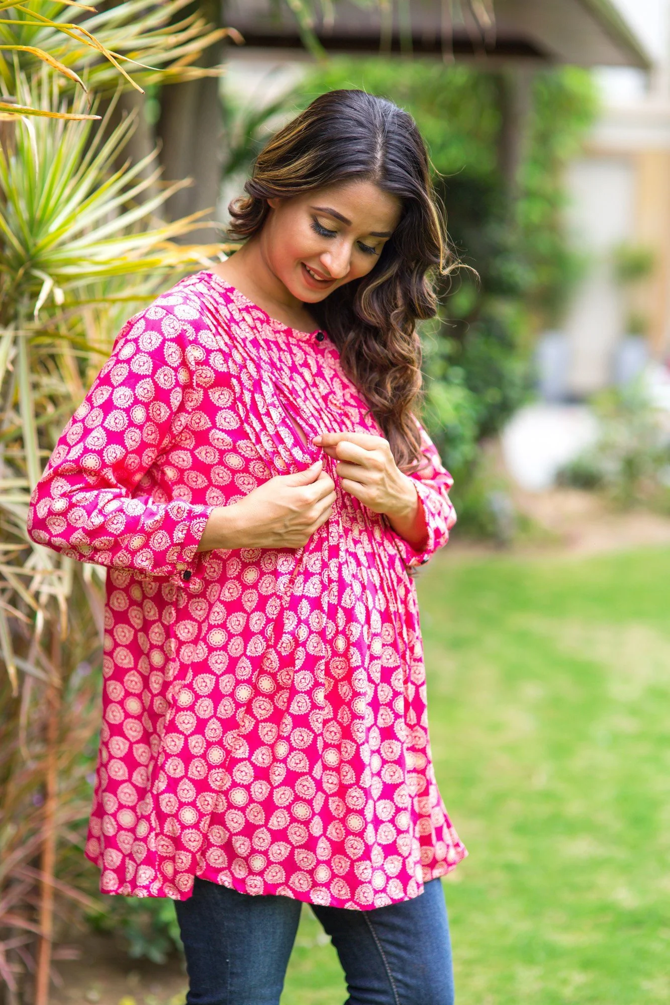 Vibrant Pink Pleated Maternity & Nursing Top - Chenance