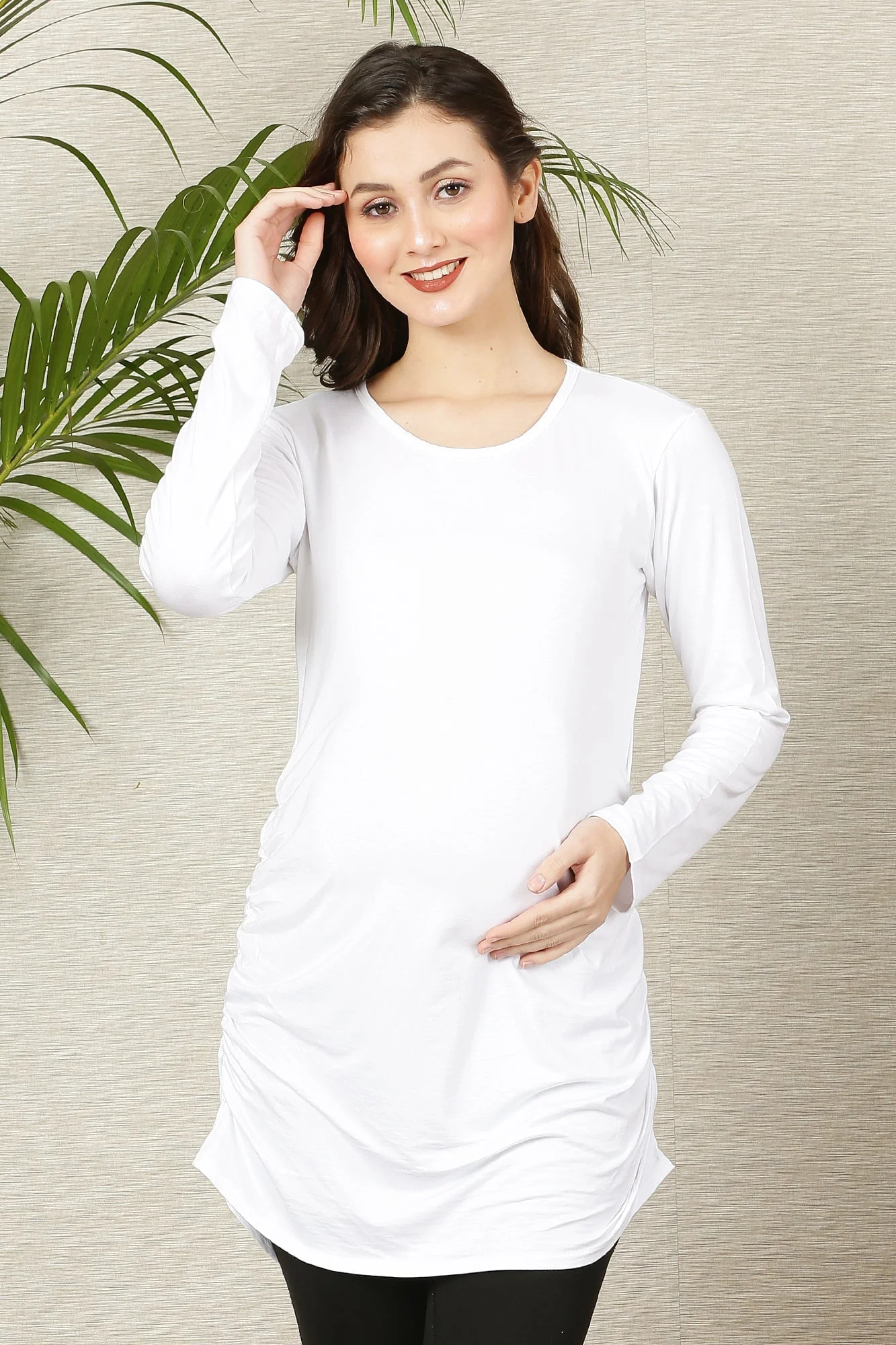 White Long Gathered Maternity Top - Chenance