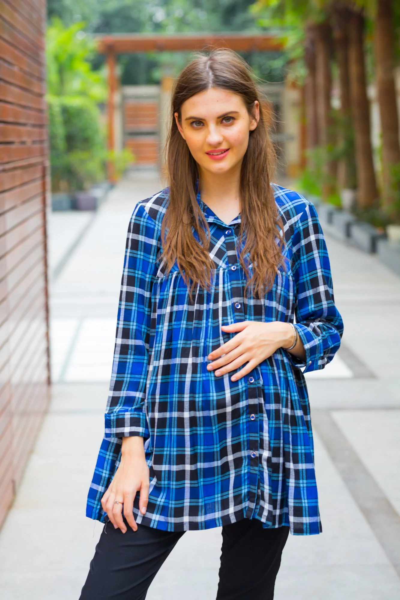 Deep Blue Check Gathered Maternity & Nursing Top - Chenance