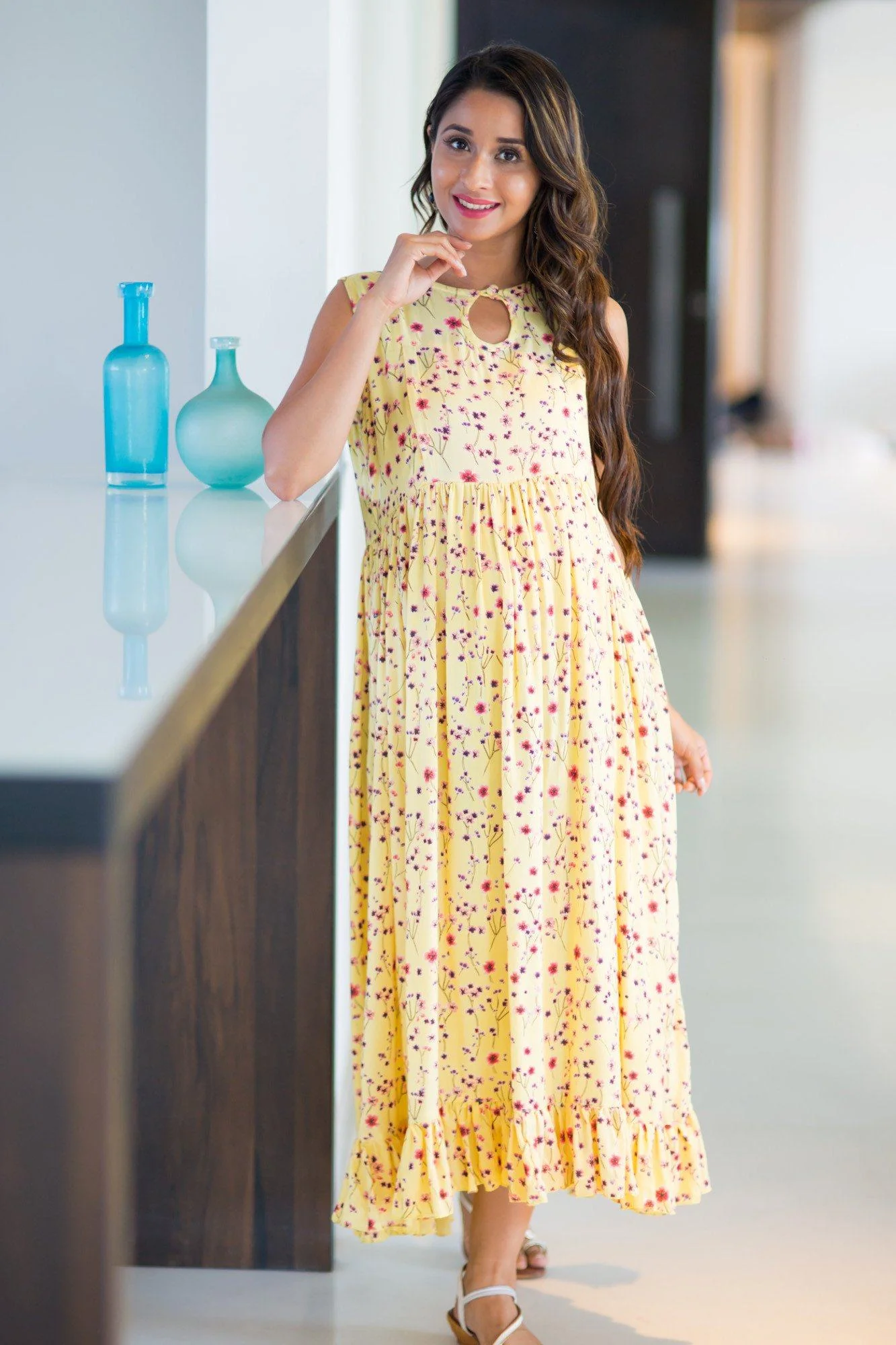 Happy Yellow Frill Concealed Zips Nursing Dress - Chenance