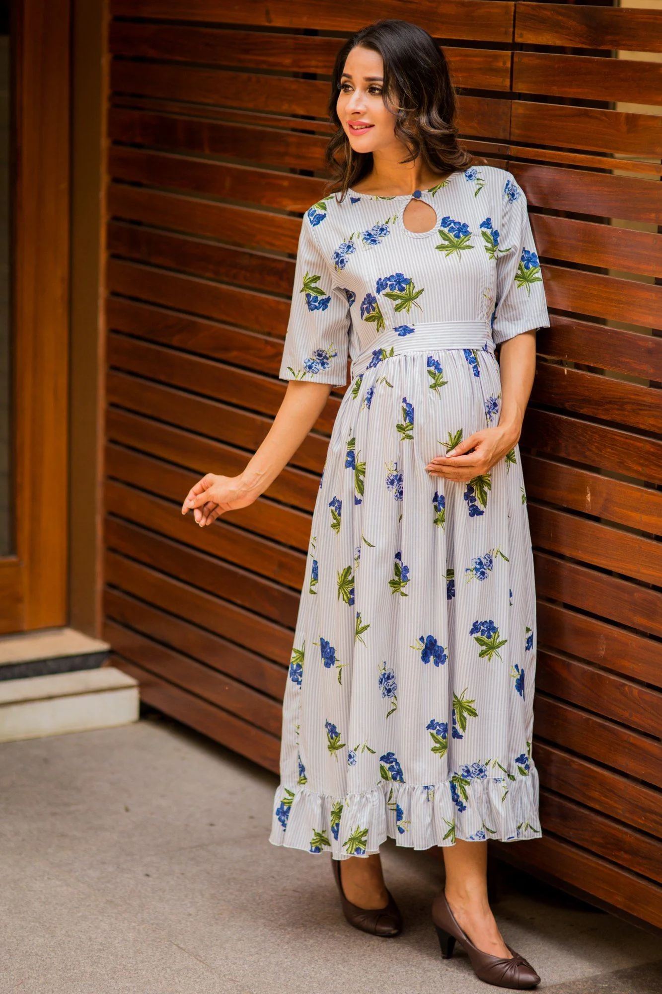 Sky Blue Striped Floral Frill Concealed Zips Nursing Dress - Chenance