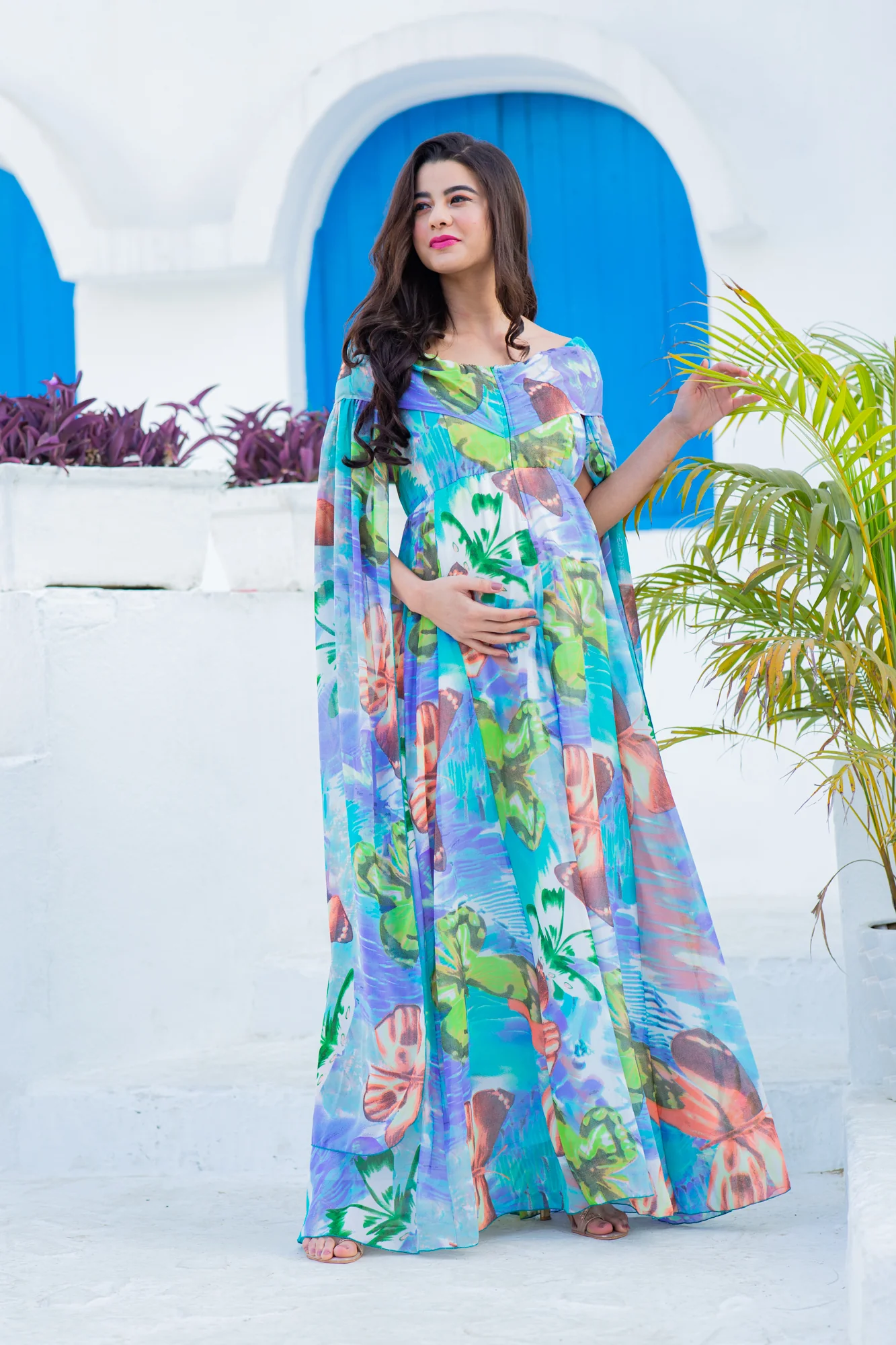 Aquamarine Blue Butterflying Sleeves Maternity & Nursing Dress - Chenance