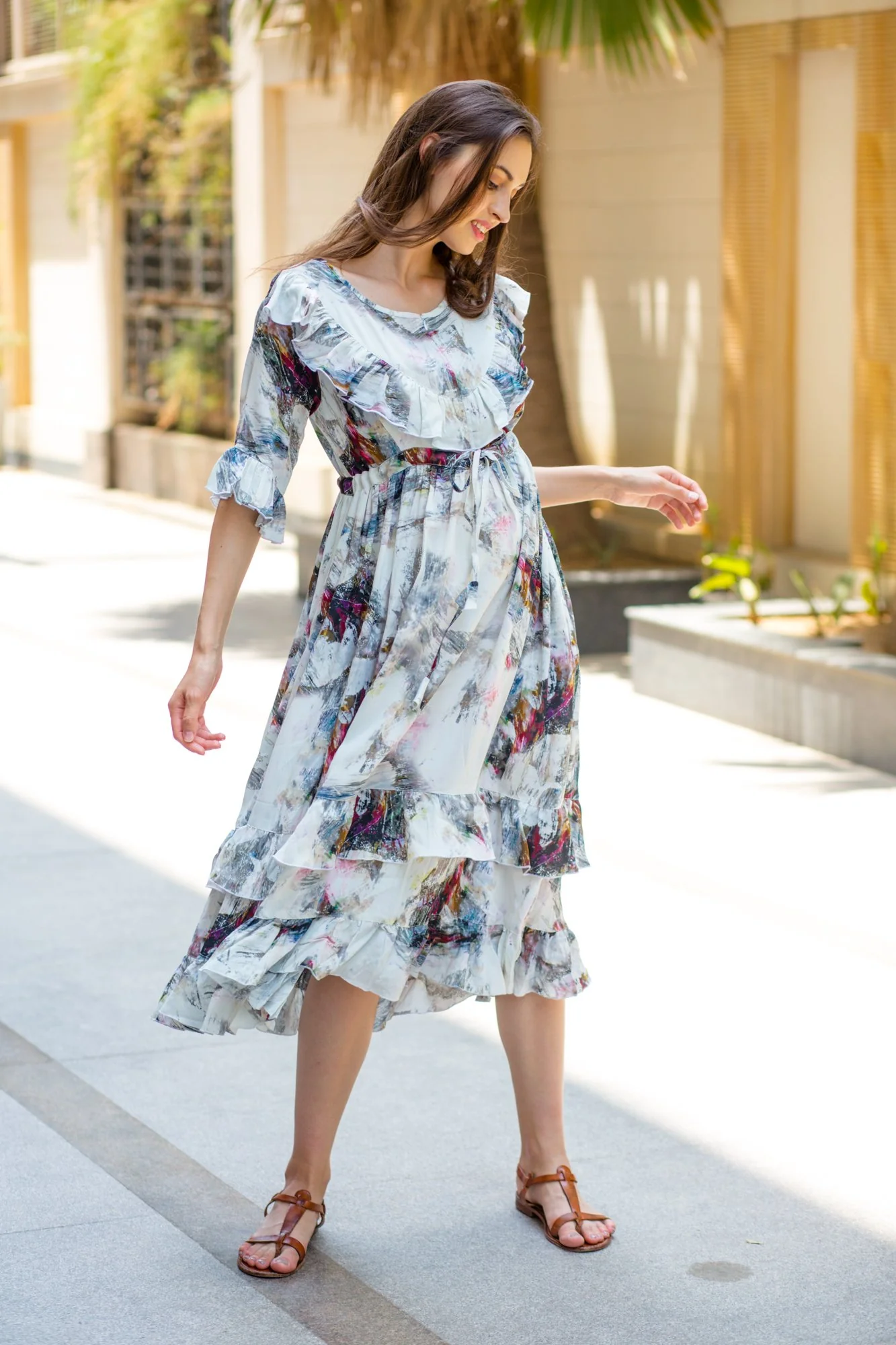 Abstract Front Frill Maternity & Nursing Midi Dress - Chenance