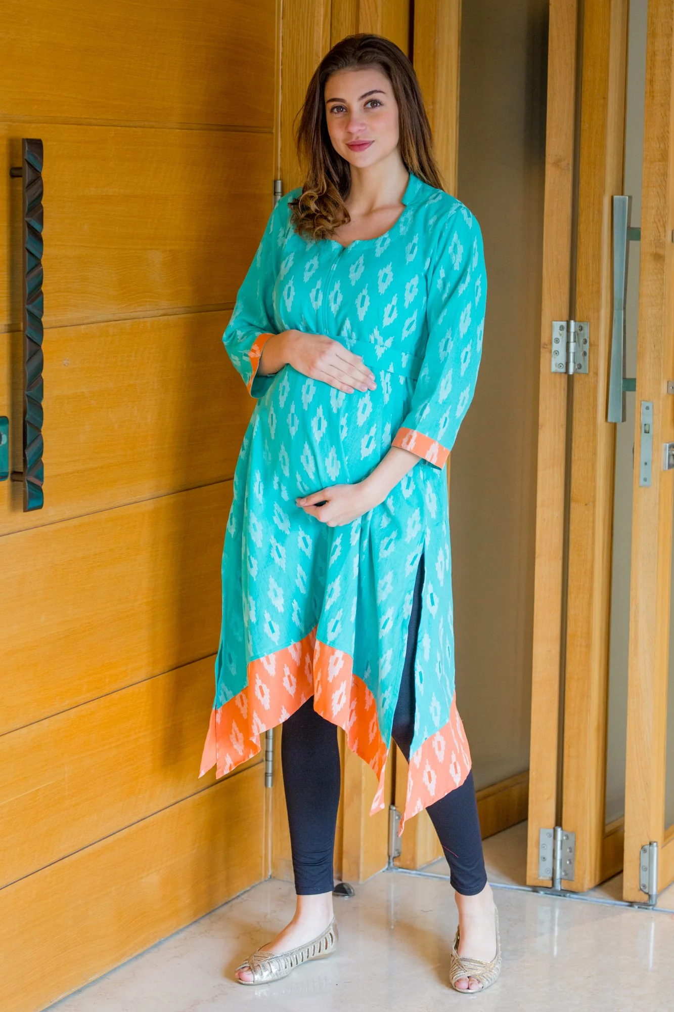 Peachy Mint Front Zip Ikat Nursing Kurta - Chenance