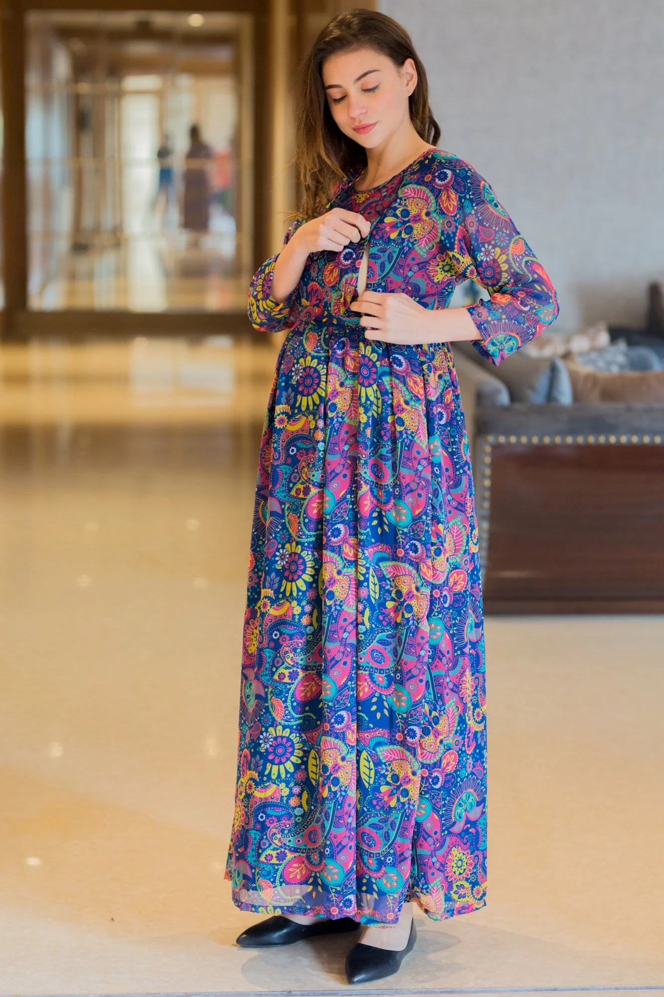 Multi Blossom Concealed Zip Maternity & Nursing Maxi - Chenance