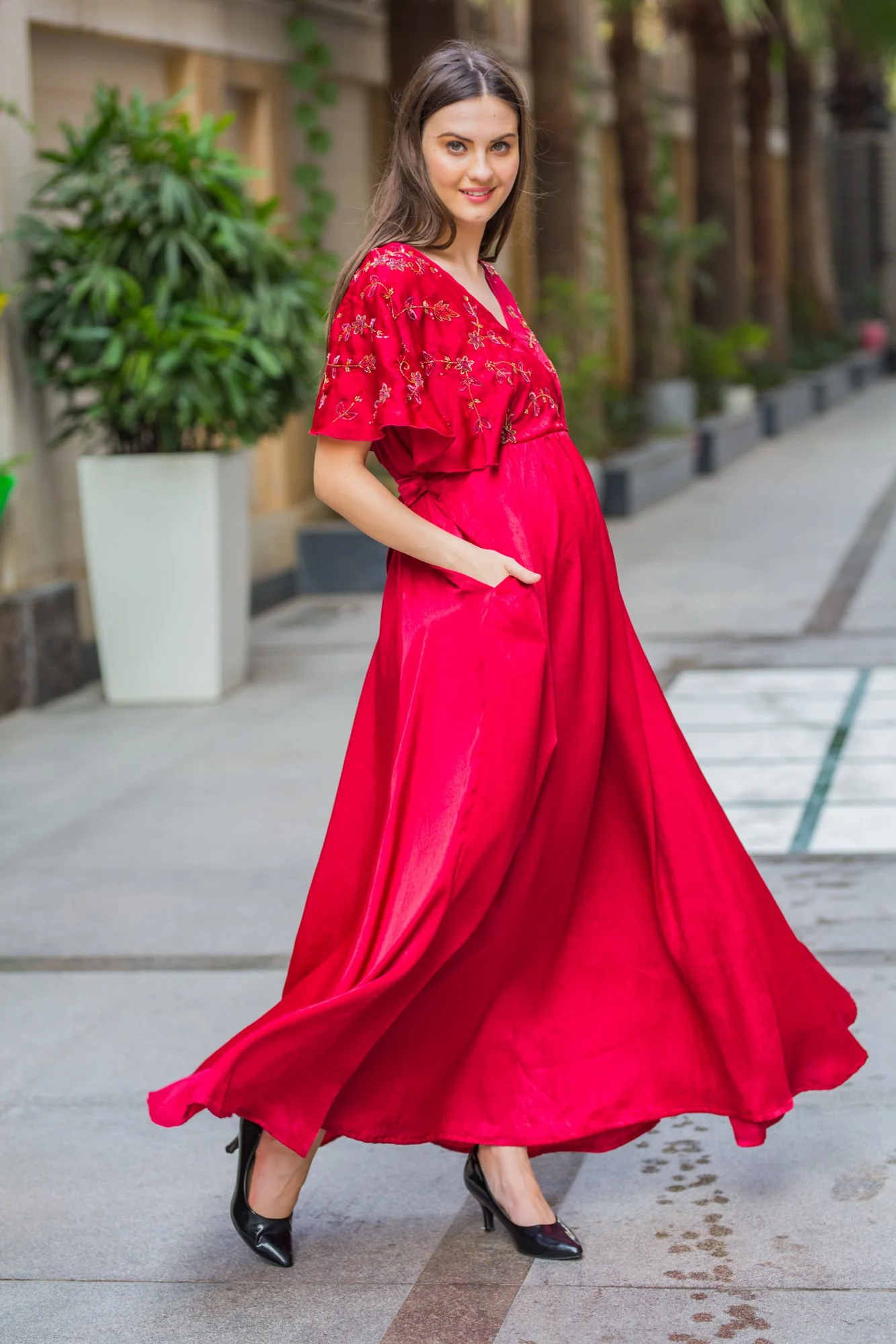 Luxe Blush Red Maternity & Nursing Dress - Chenance