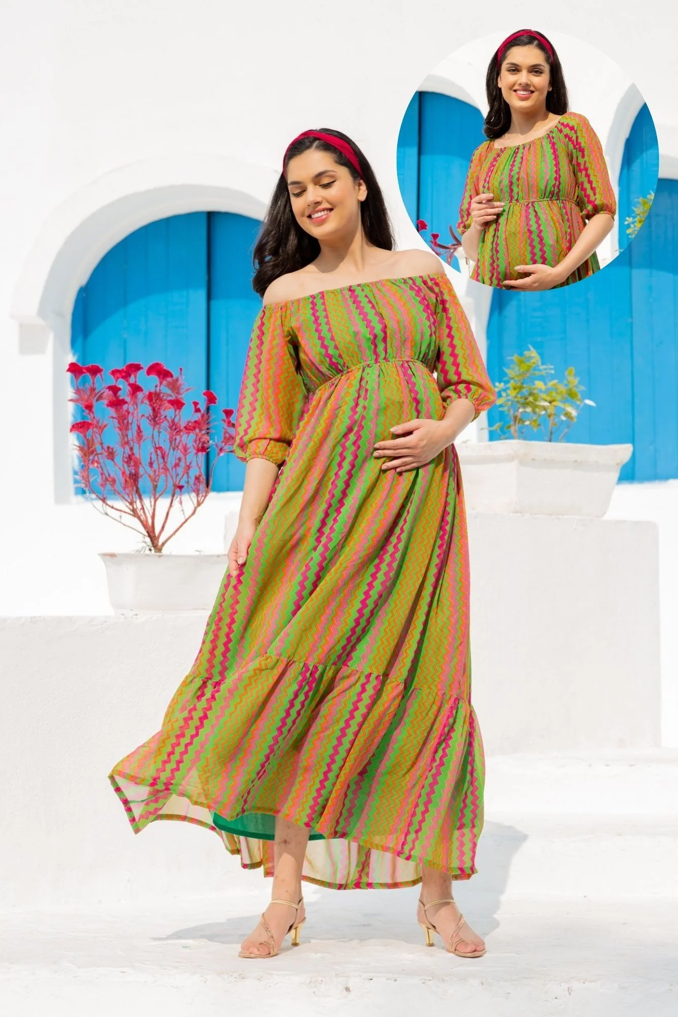 Flowy Dual Off-Shoulder Boat Neck Maternity & Nursing Maxi Dress - Chenance