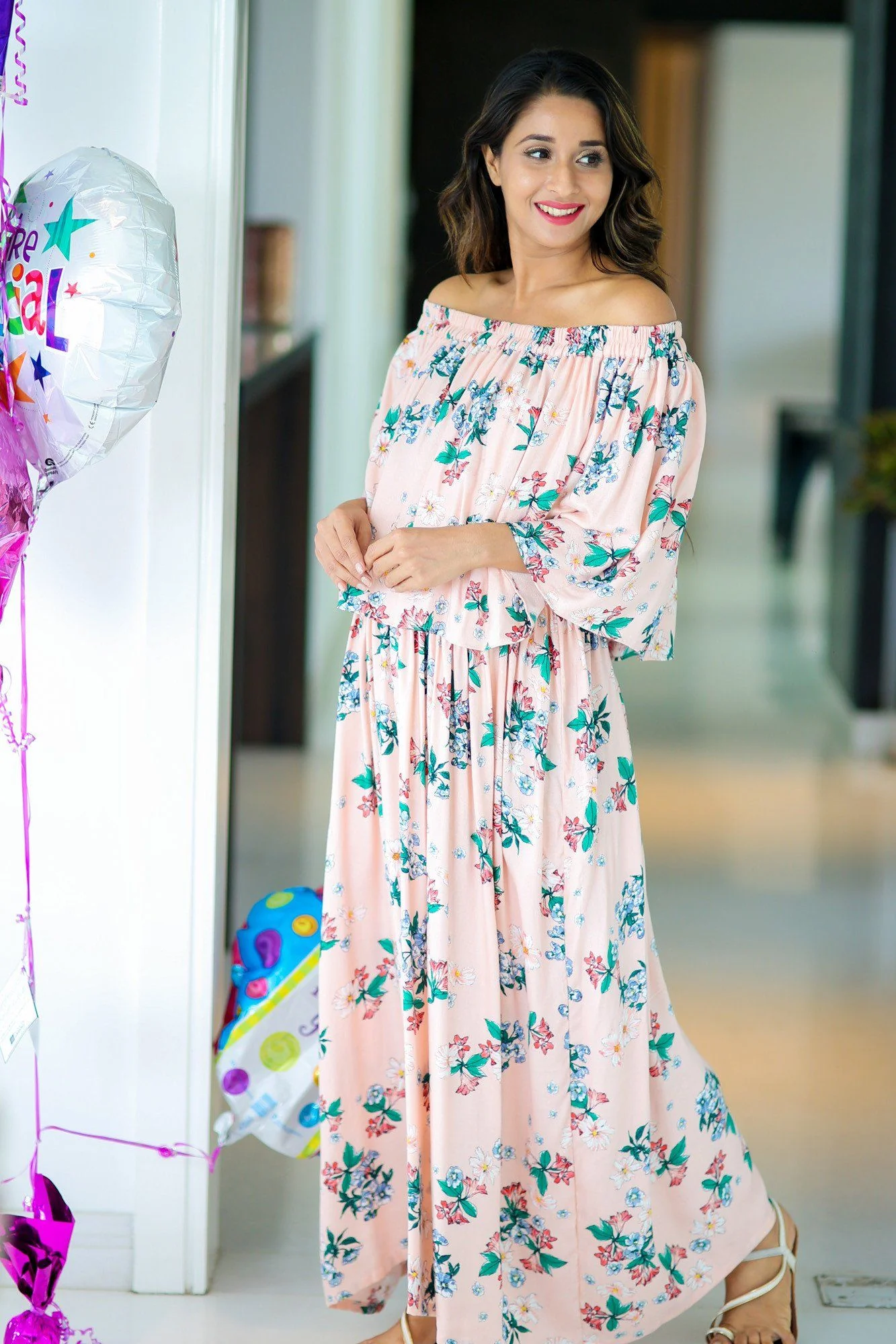 Chirpy Peach Off-Shoulder Maternity Maxi Dress - Chenance