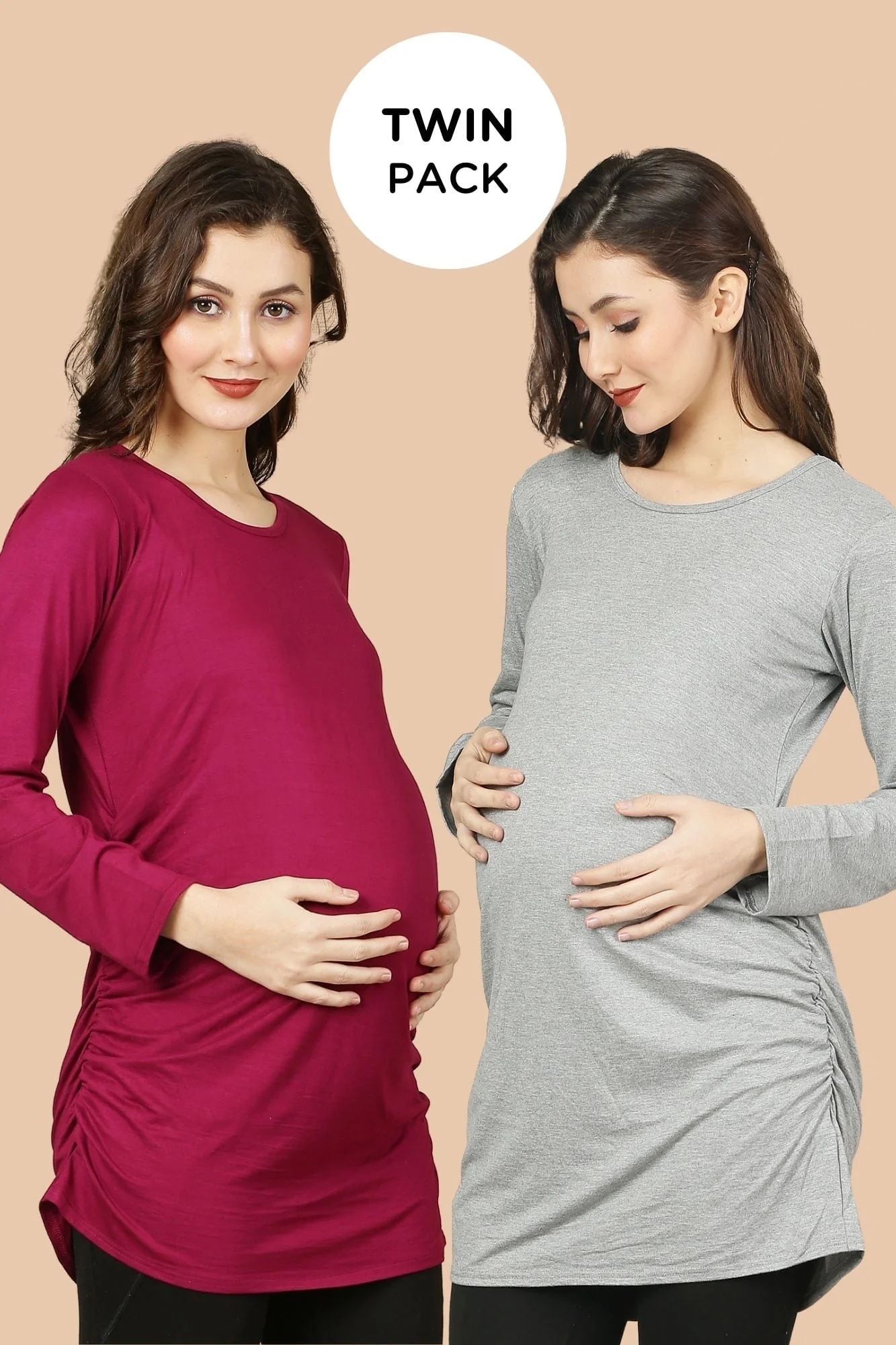 Maternity Ruched Tops - Wine & Grey Twin Pack - Chenance