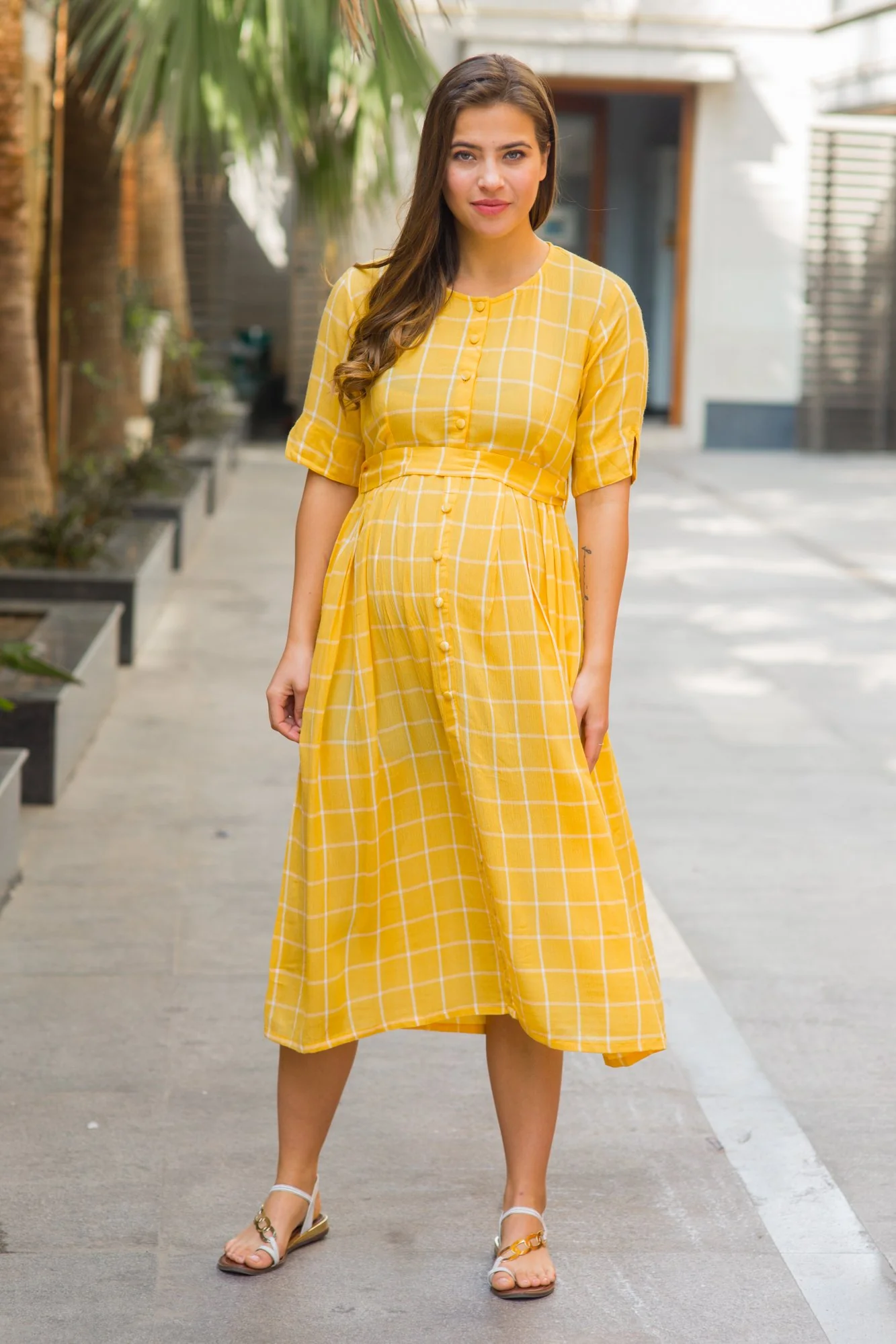 Yellow Check Cotton Maternity and Nursing Dress - Chenance