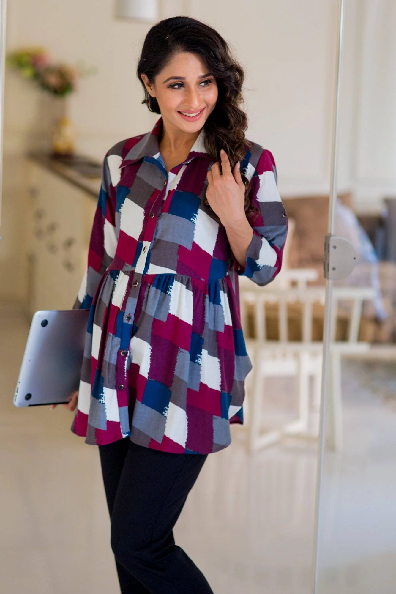 Gathered Patched Viscose Maternity Shirt - Chenance