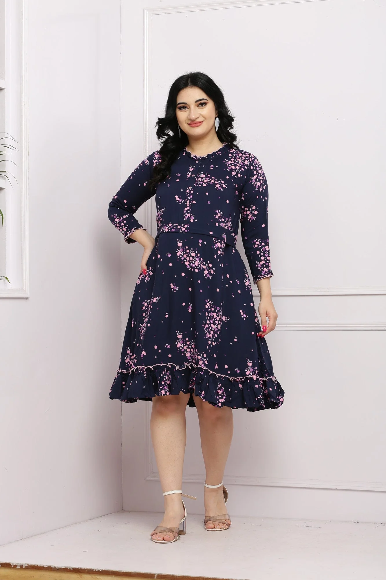 Charming Midnight Blossom Maternity & Nursing Frill Dress - Chenance