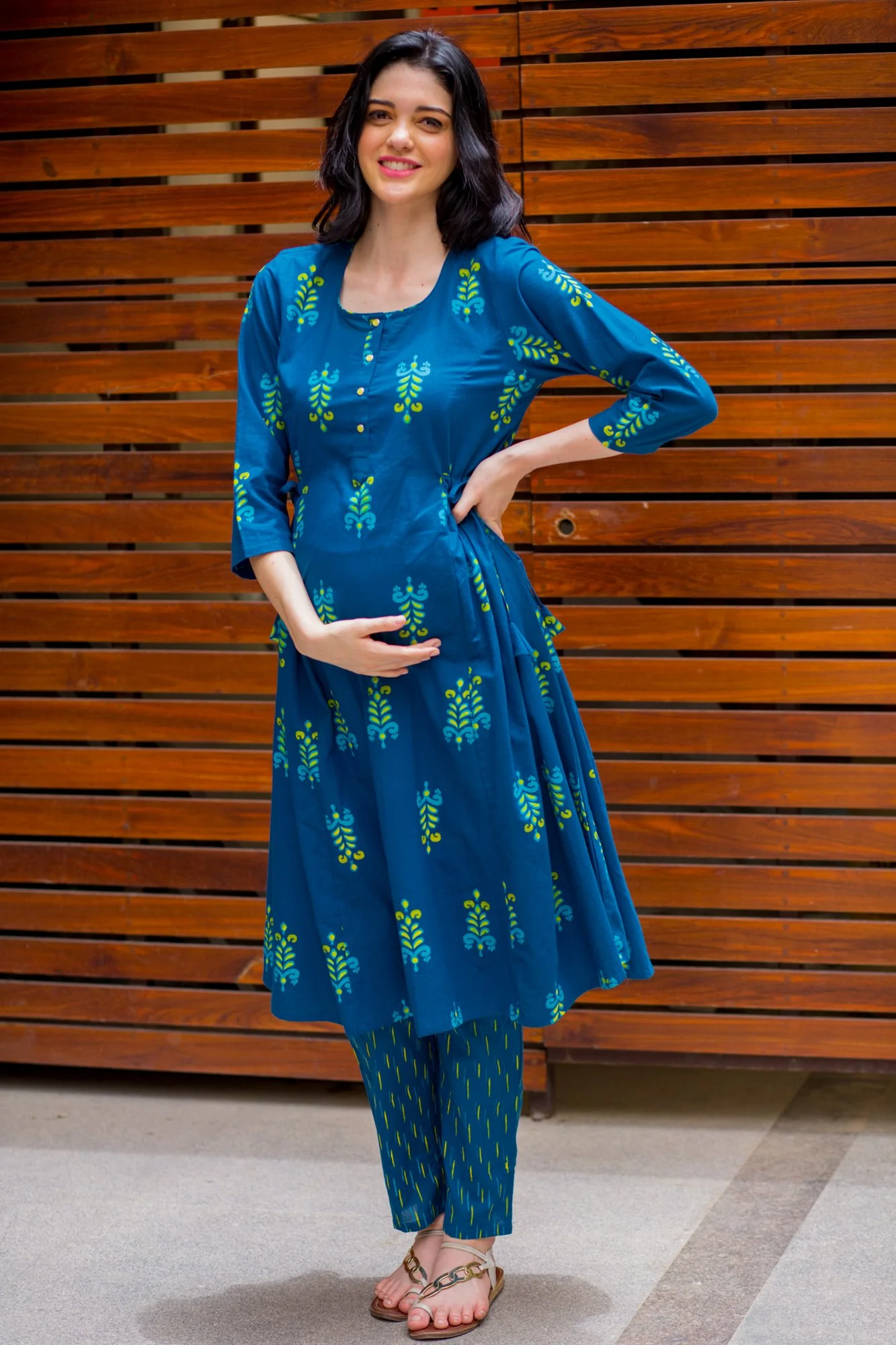 Sapphire Blue Green Maternity & Nursing Side Tie Kurta Dress - Chenance