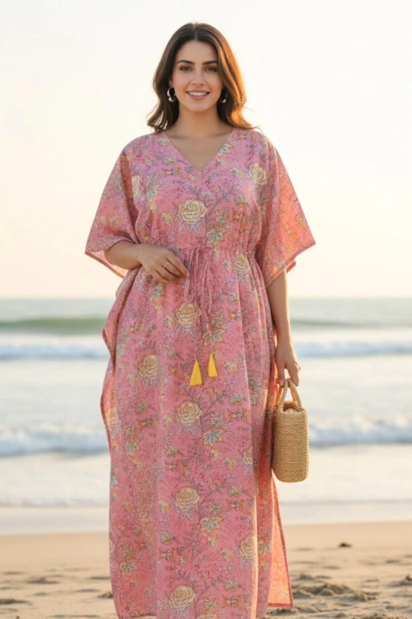Coral Blossom Maternity & Nursing Kaftan (100% Cotton) - Chenance