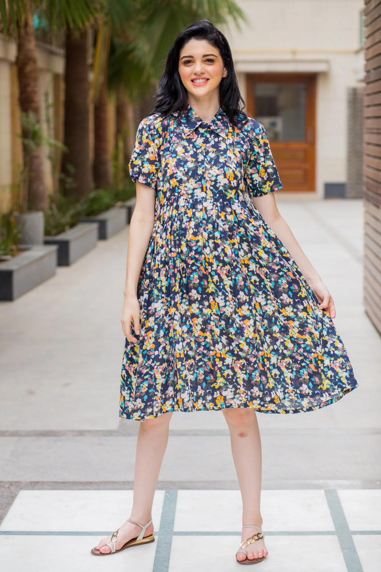 Vivid Sprinkle Maternity & Nursing Collar Dress - Chenance