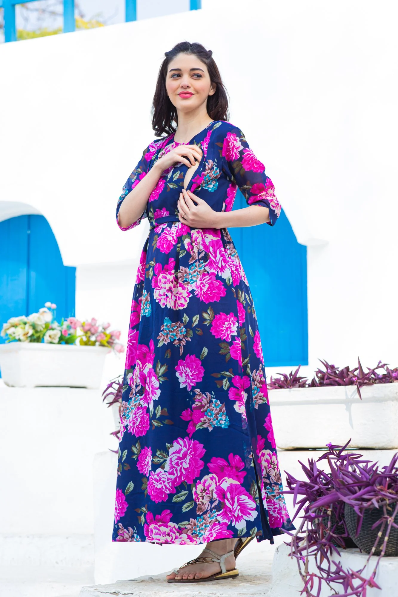 Blue Floral Side Slit Maternity & Feeding Dress - Chenance