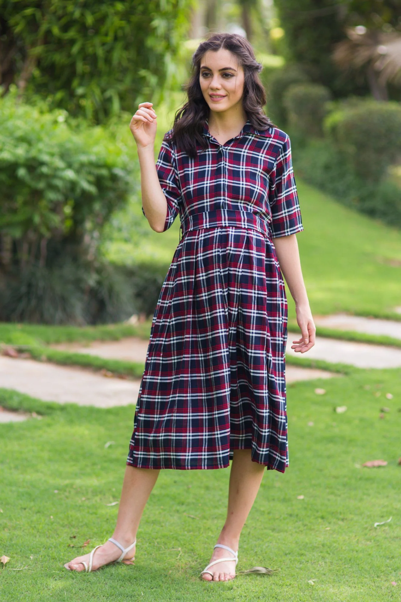 Classic Blue Red Plaid Maternity & Nursing Dress - Chenance