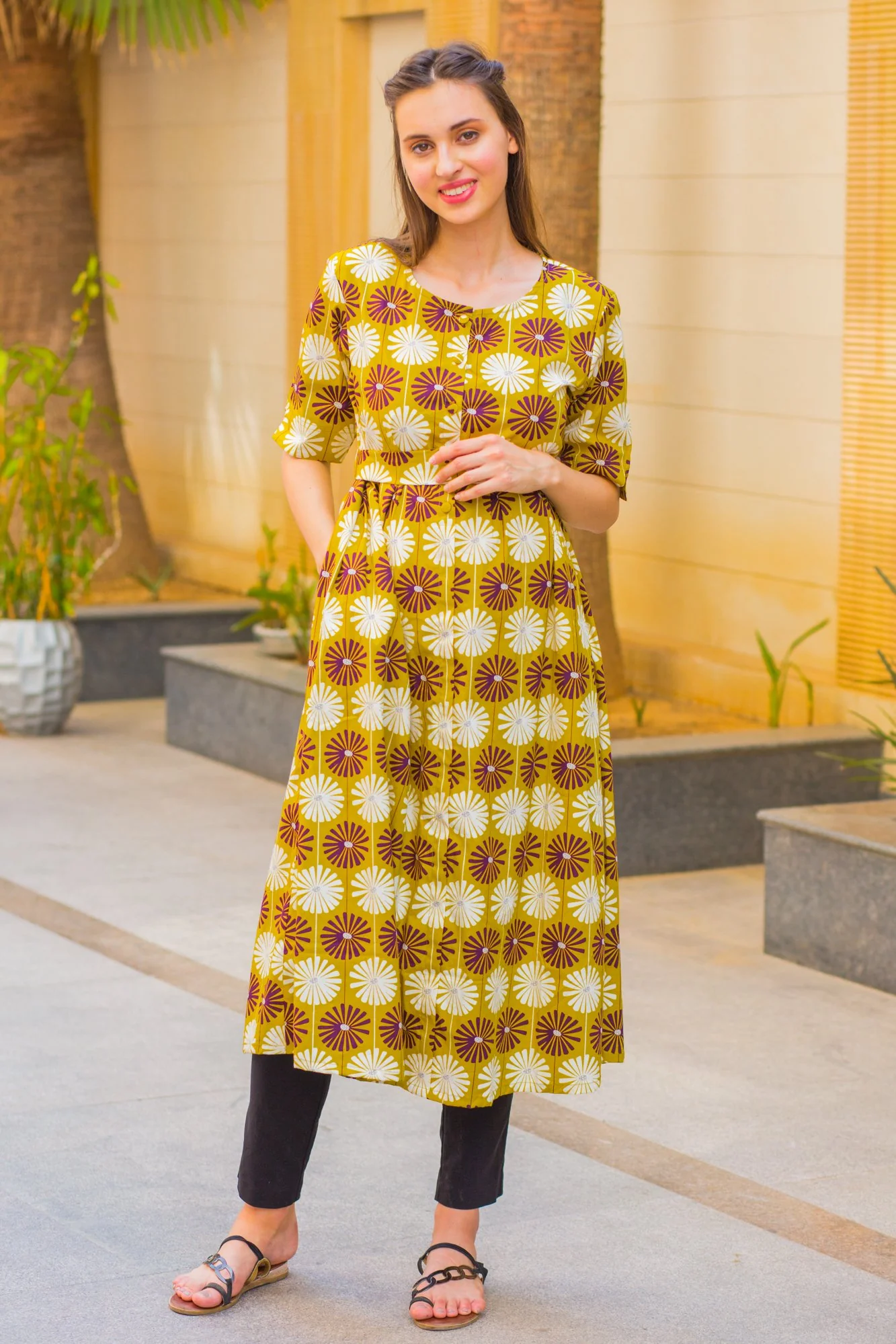 Mustard Sunflower Maternity and Nursing Kurta - Chenance