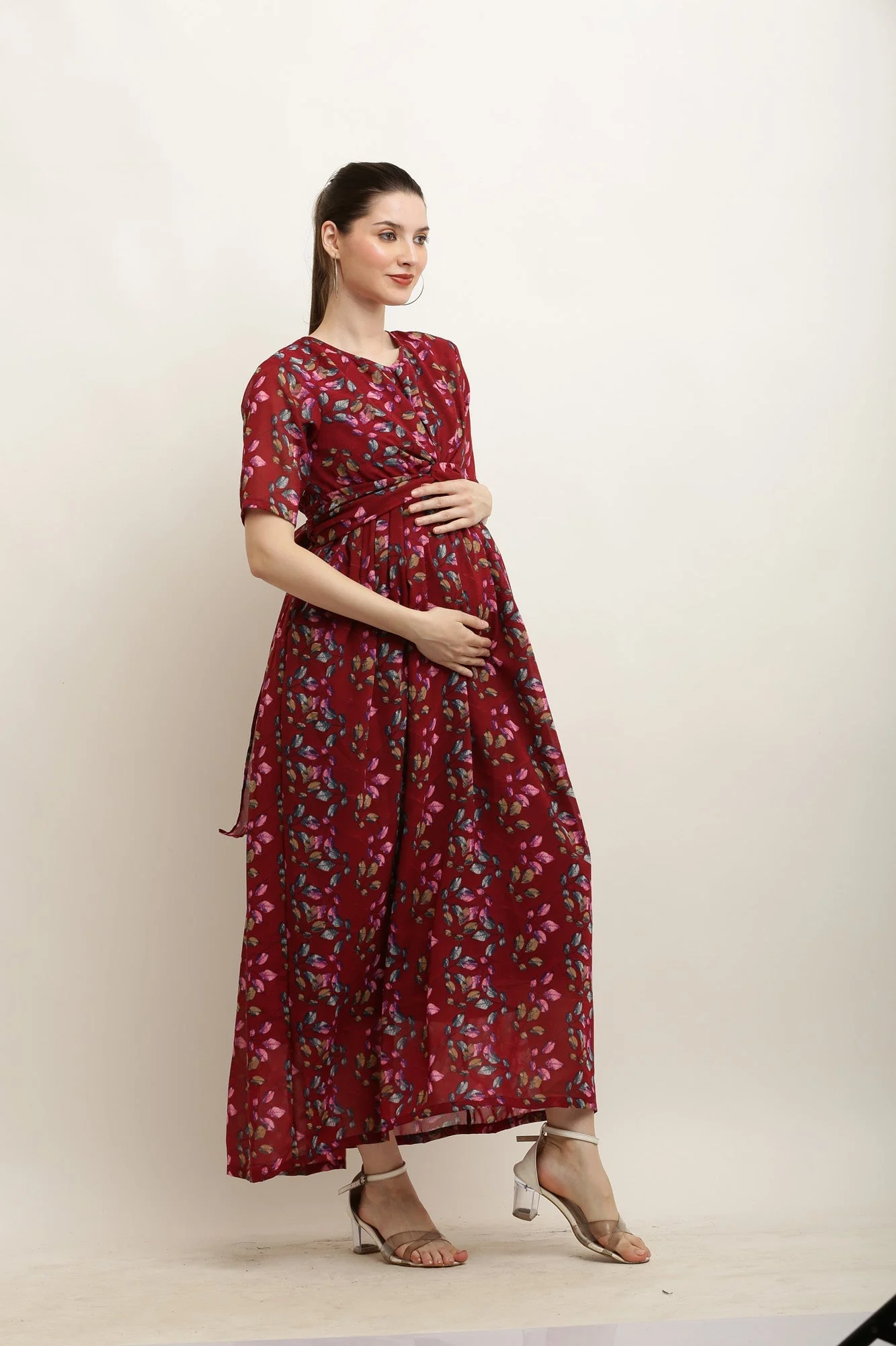 Eden Burgundy Blossom Maternity Knot Dress - Chenance