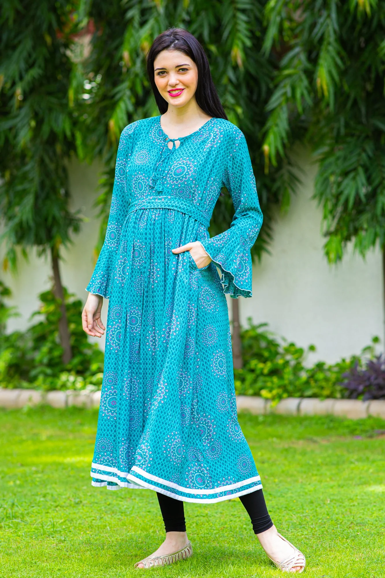 Teal Paisley Maternity & Nursing Kurta Dress - Chenance