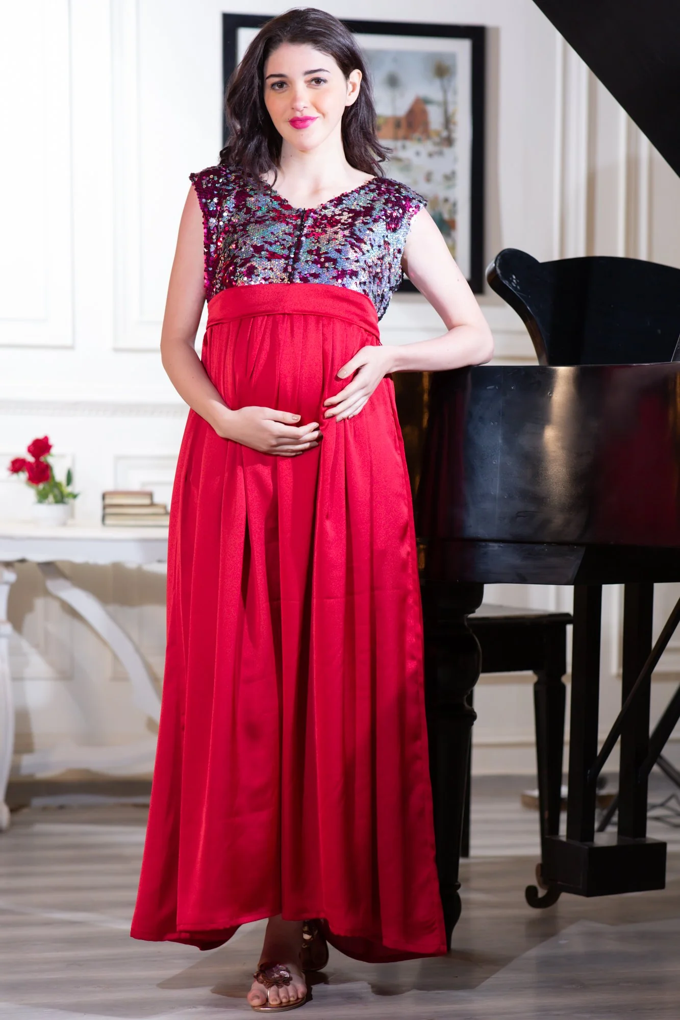 Luxe Red Gold Sequin Maternity & Nursing Dress - Chenance