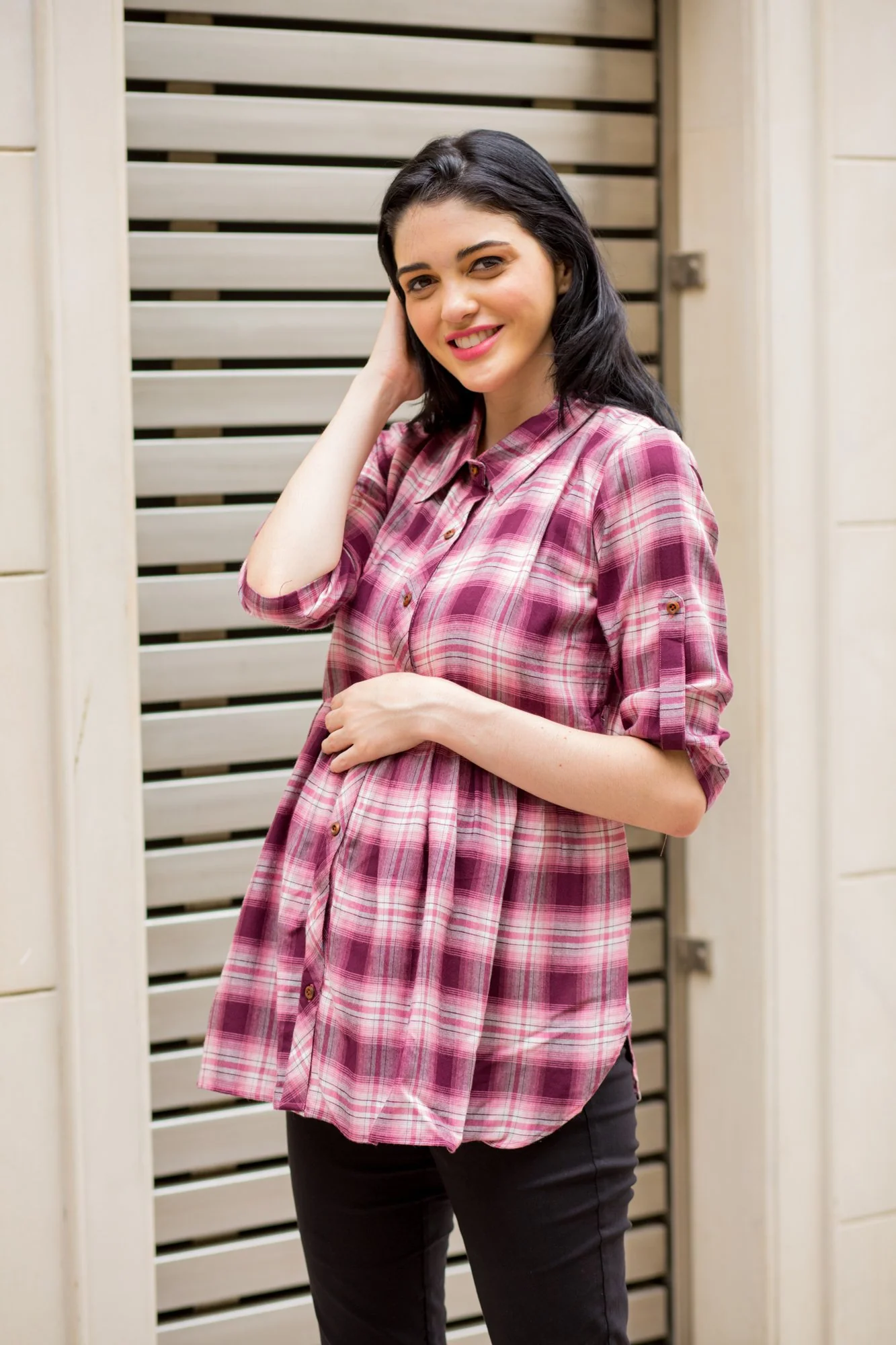 Peach Gathered Viscose Maternity & Nursing Shirt - Chenance
