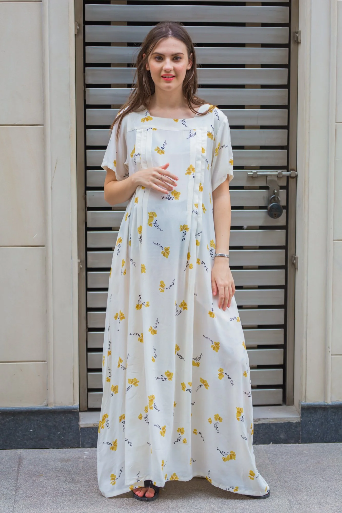 Pristine Floral Maternity & Nursing Concealed Zips Night Dress - Chenance