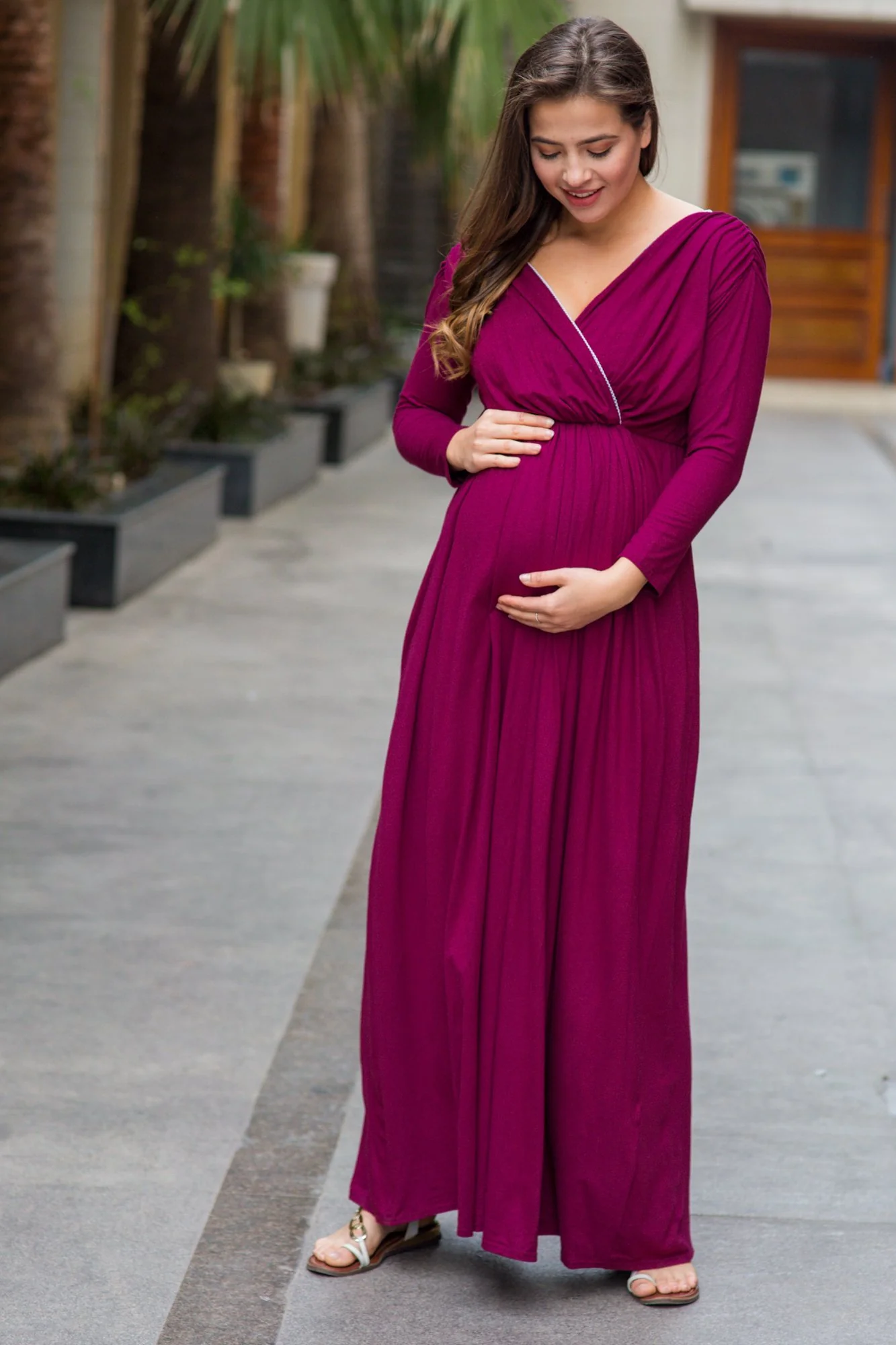 Maroon Berry Ruched Maternity & Nursing Maxi - Chenance