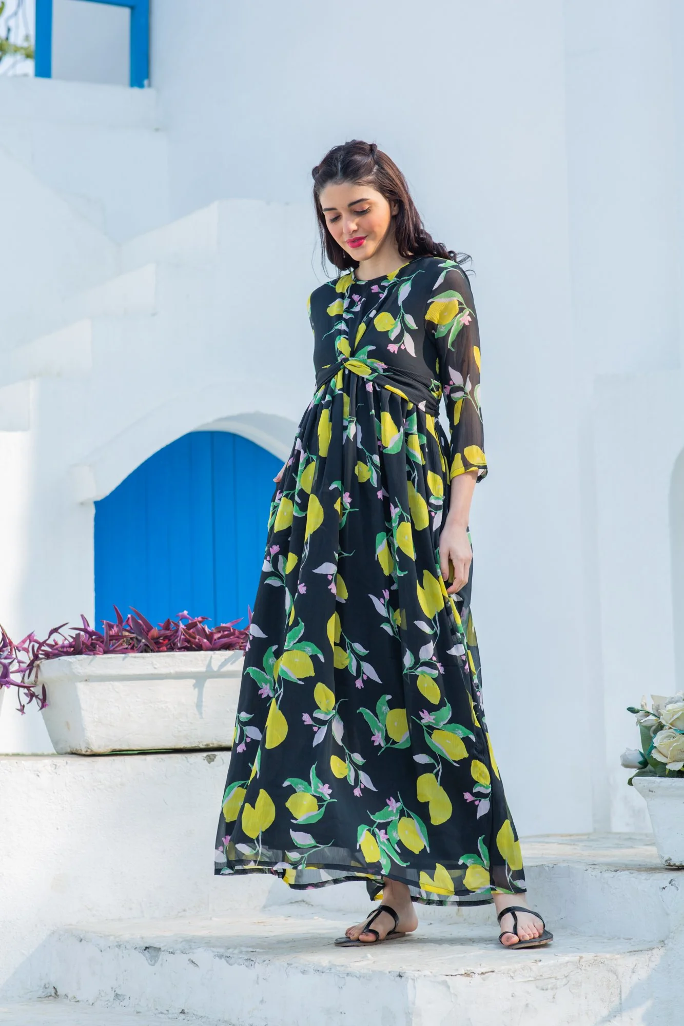 Midnight Lemon Crepe Maternity Knot Dress - Chenance