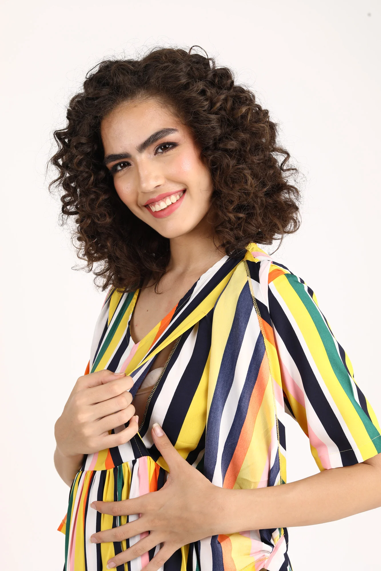 Dual Striped Yellow Maternity & Nursing Wrap Dress - Chenance