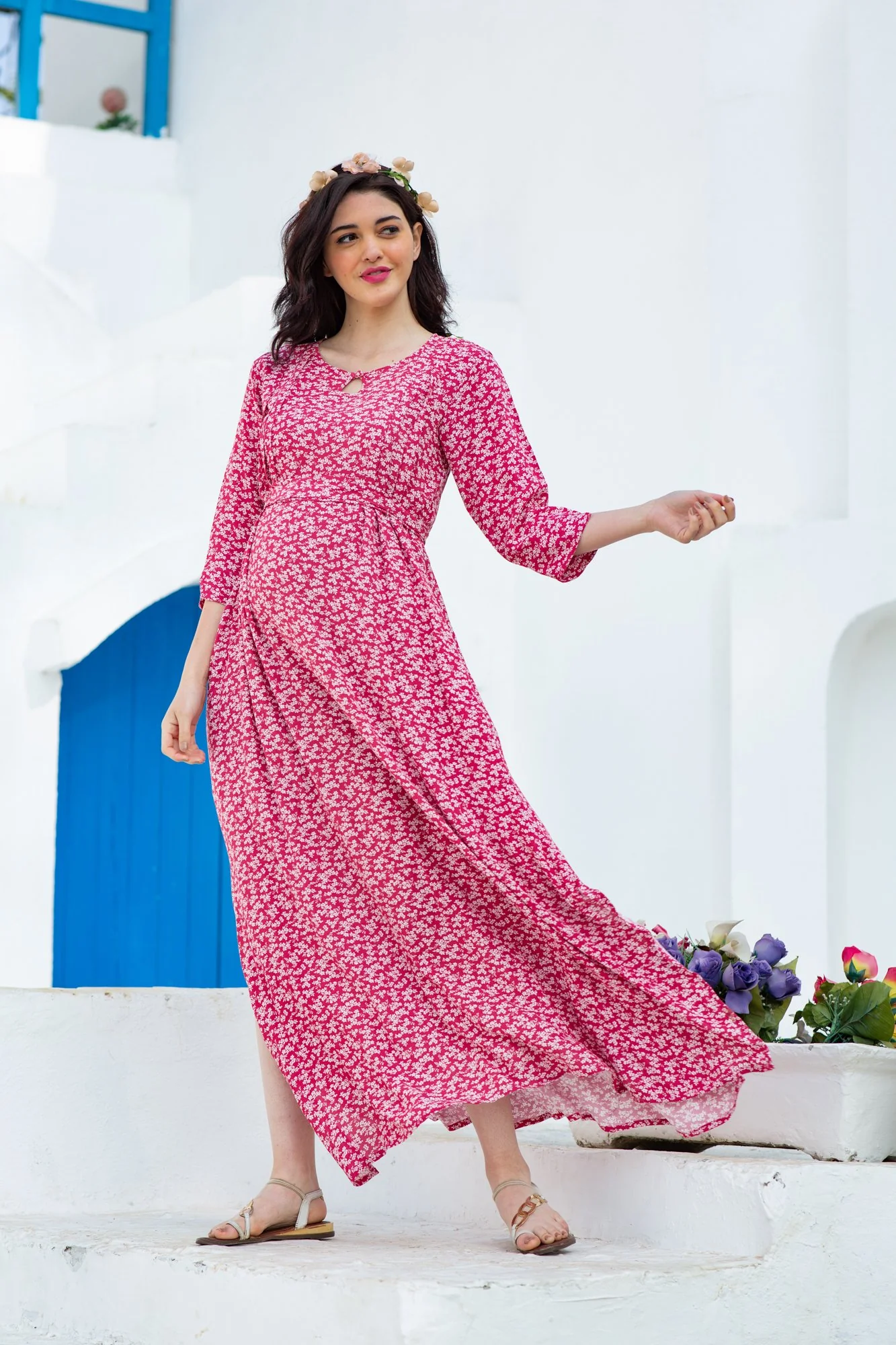 Burgundy Floral Side Slit Maternity & Feeding Dress - Chenance