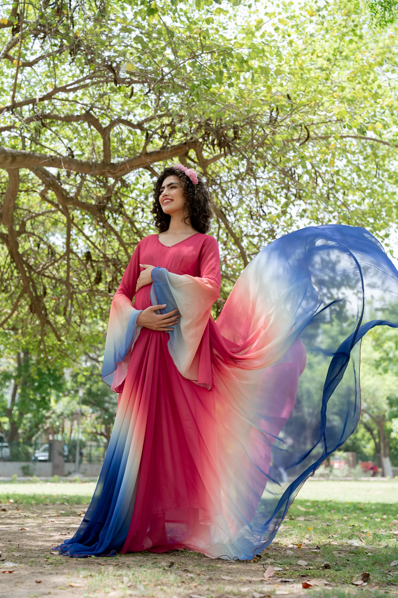 Luxe Pleasing Raspberry Blue Maternity & Nursing Flair Photoshoot Gown - Chenance