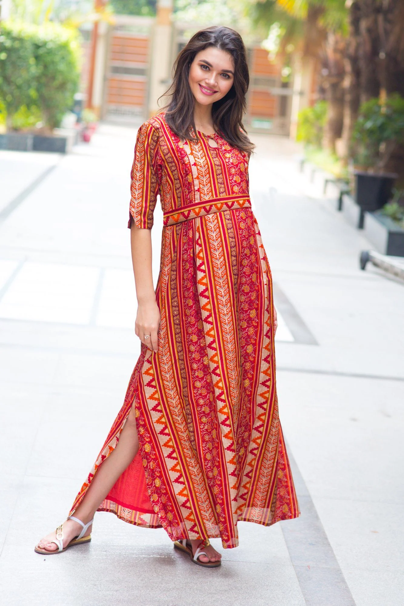 Classical Orange Side Slit Maternity & Feeding Dress - Chenance