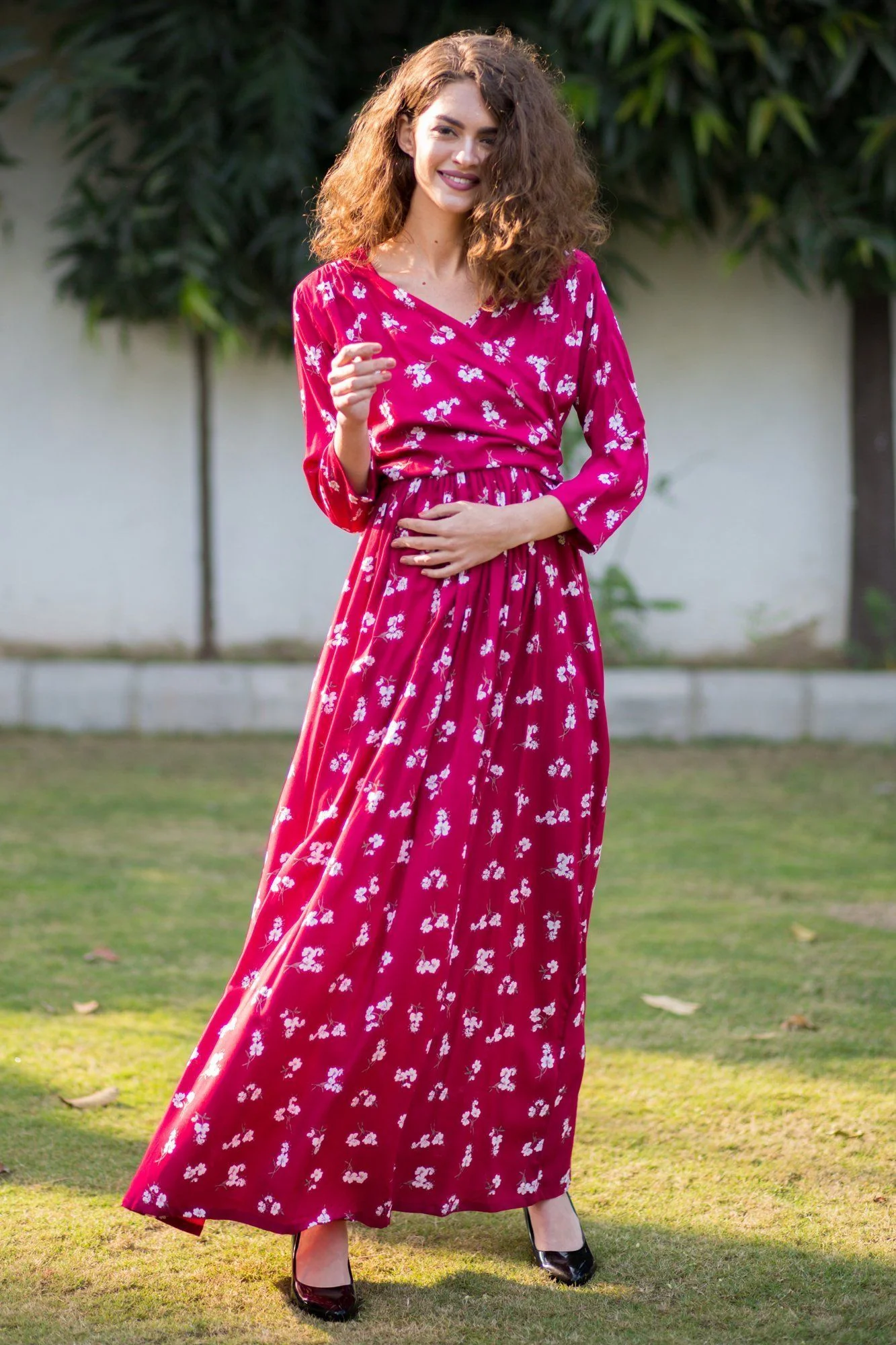 Cherry Red Floral Maternity & Nursing Wrap Dress - Chenance
