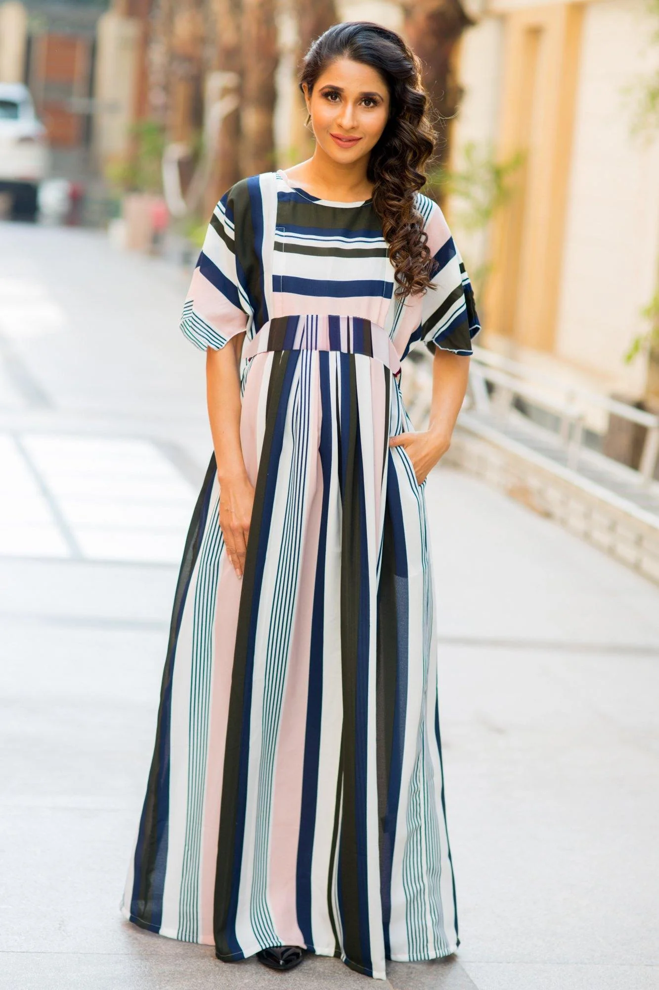 Peaches & Cream Stripe Crepe Maternity & Nursing Maxi - Chenance