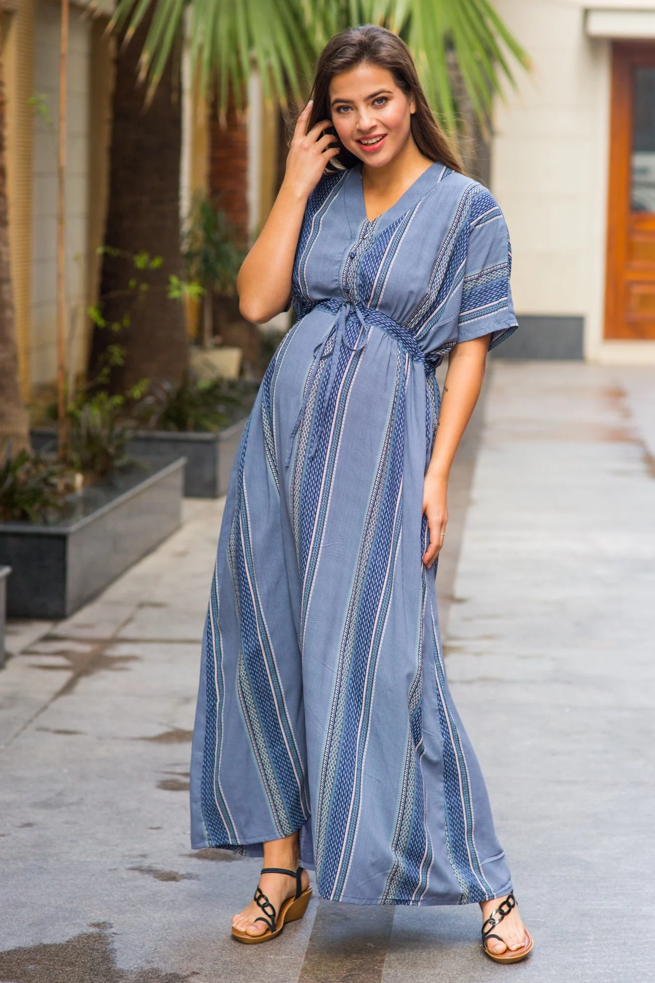 Kimono Indigo Stripe Maternity & Nursing Dress / Delivery Gown/ Night Dress - Chenance