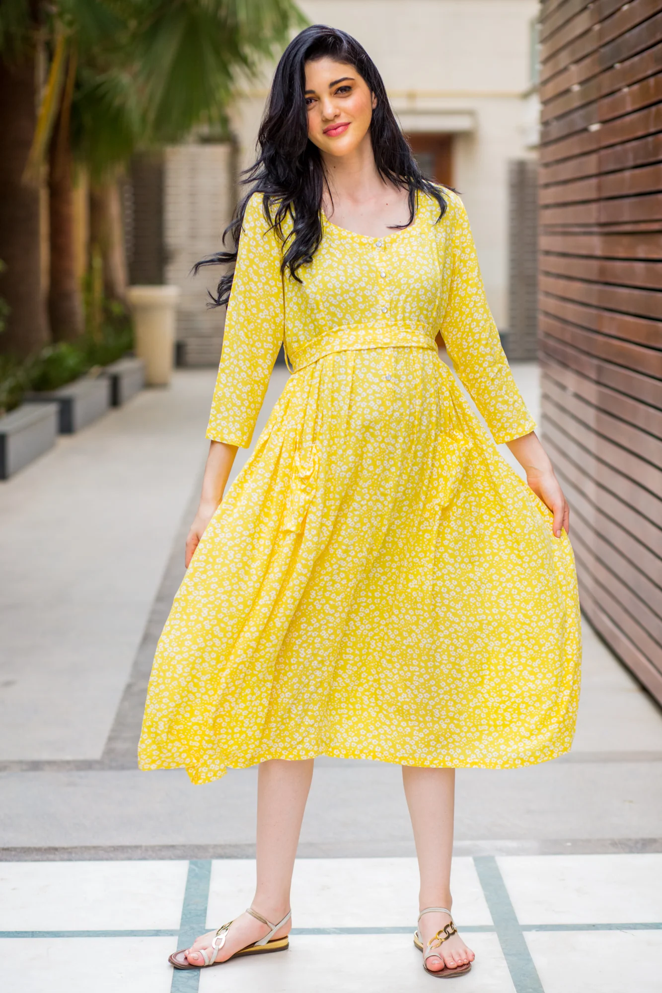 Joyful Yellow Pocket Maternity & Nursing Dress - Chenance