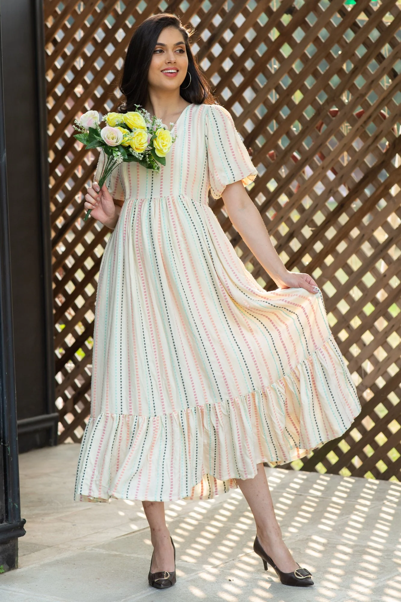 Off White Salmon Striped Long Maternity & Nursing Dress - Chenance