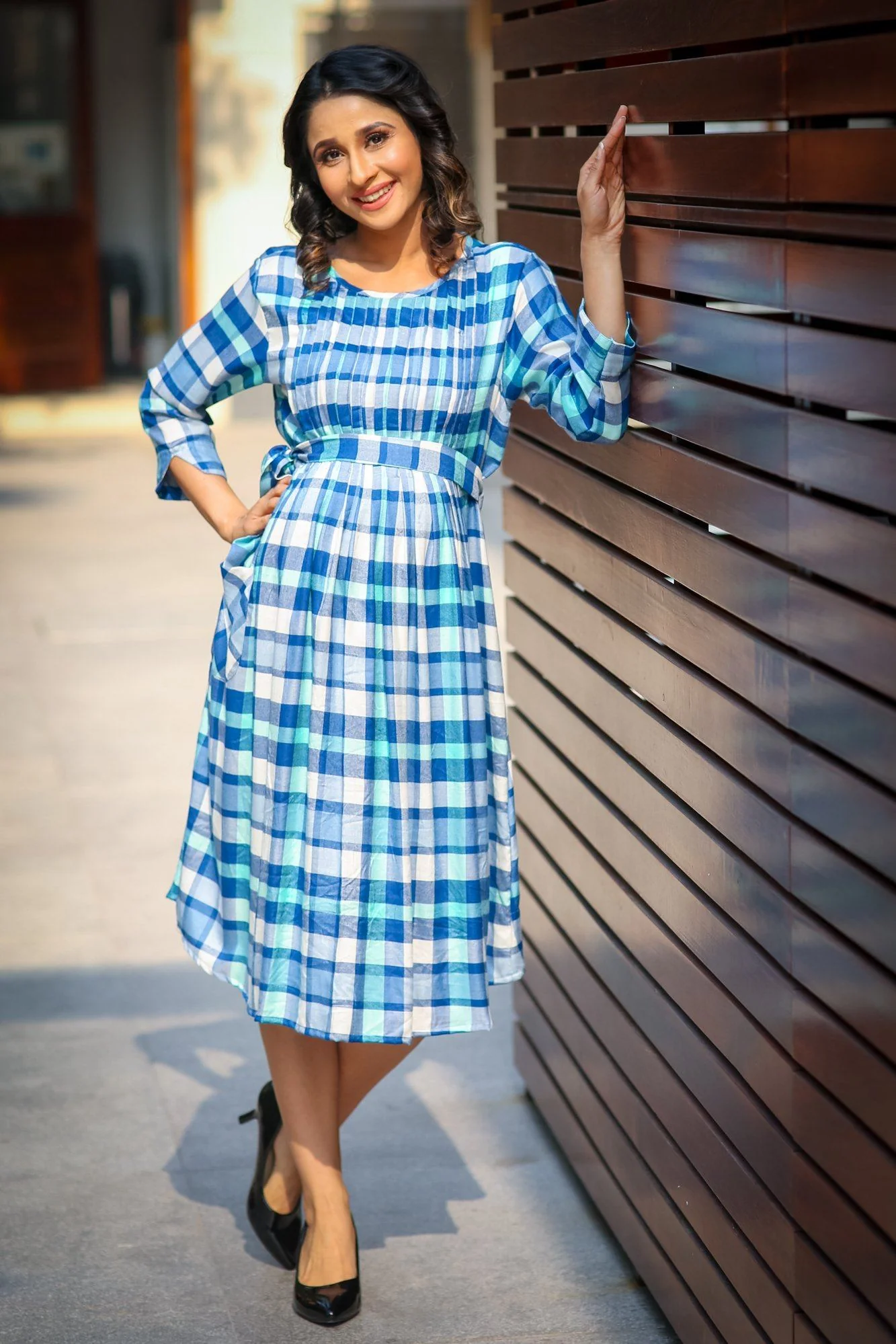 Saphire Blue Plaid Pintucks Maternity & Nursing Dress - Chenance