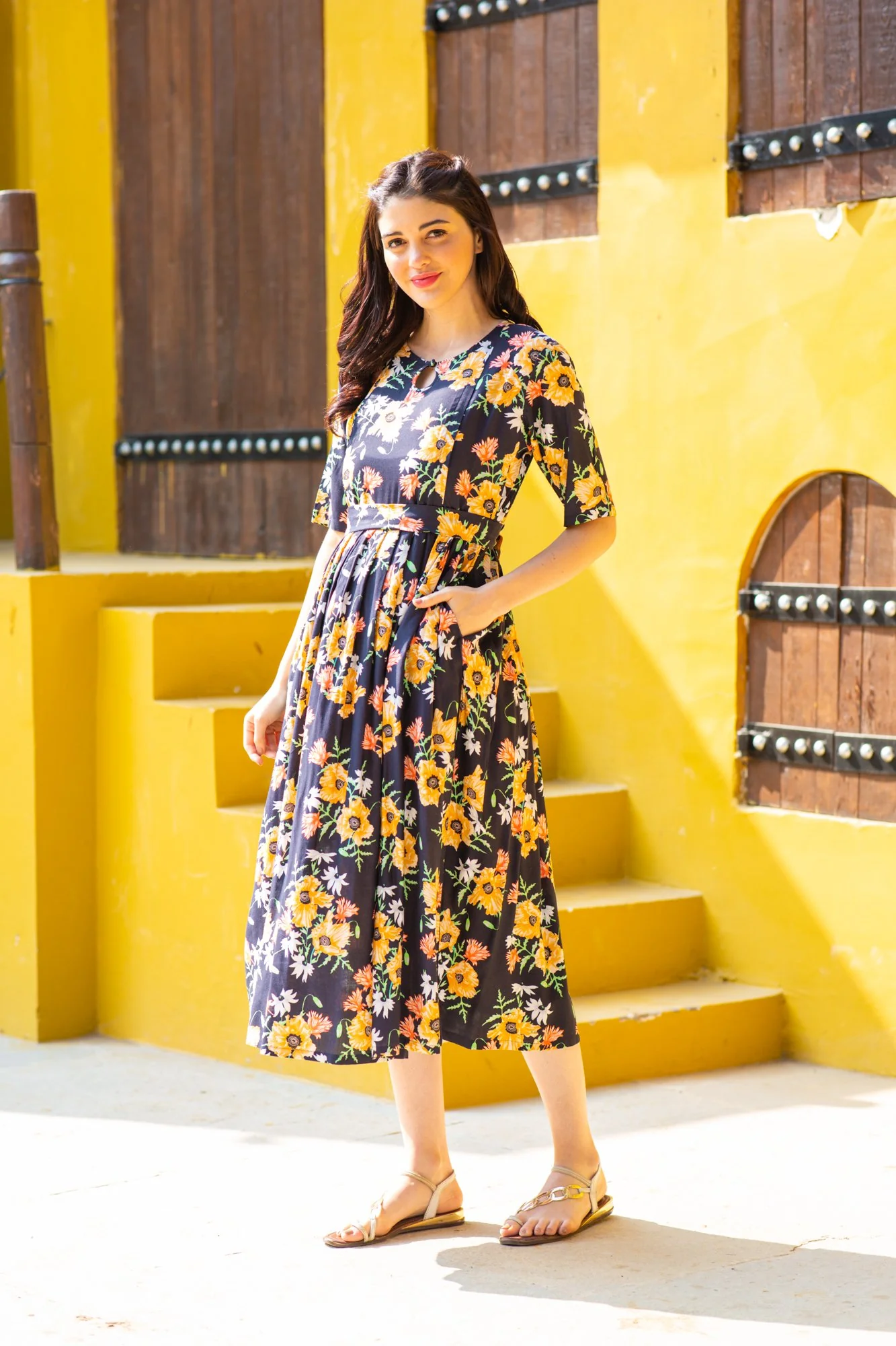 Twilight Floral Maternity & Nursing Concealed Zips Dress - Chenance