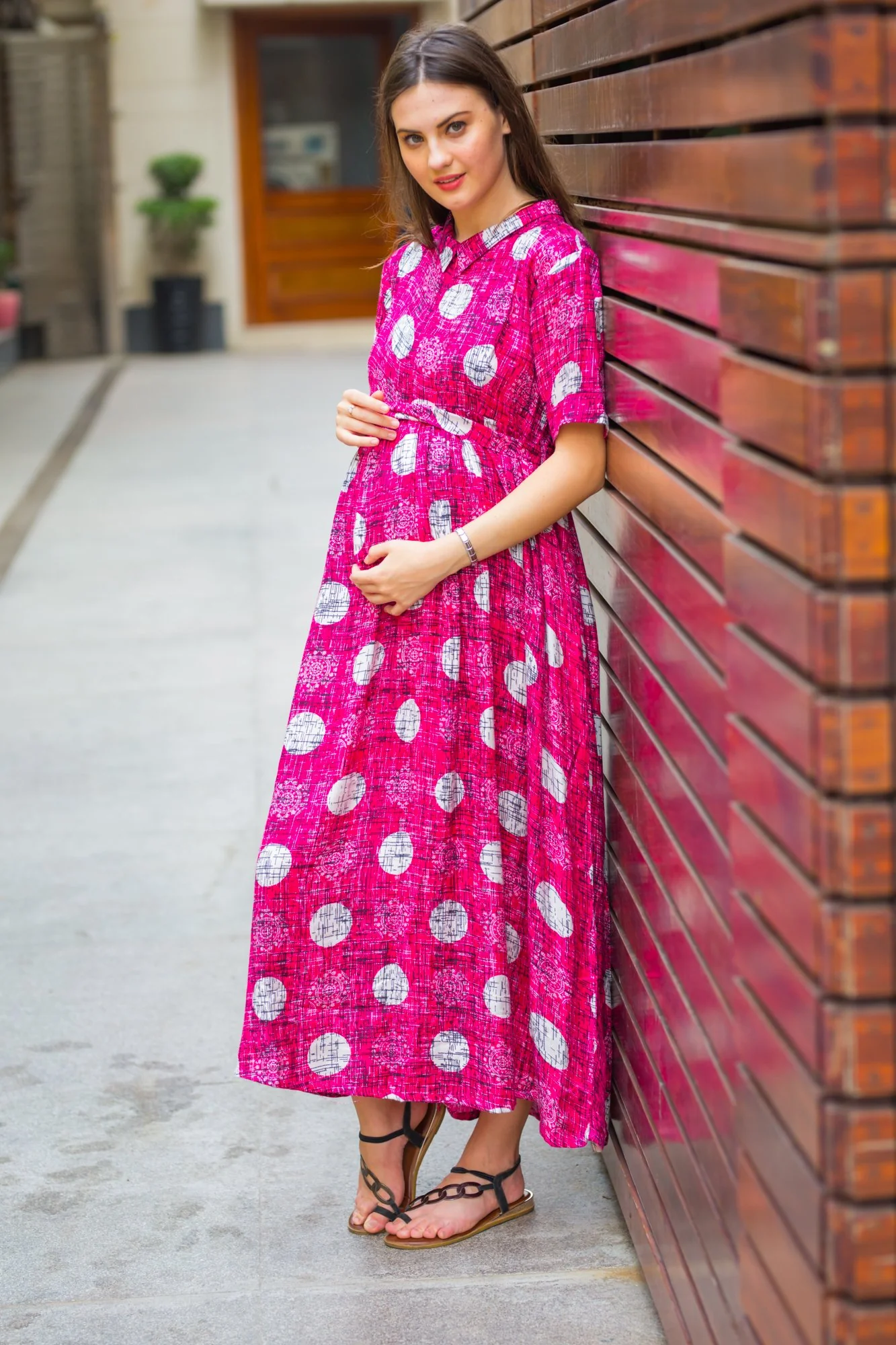 Magenta Polka Maternity & Nursing Kurta Dress - Chenance