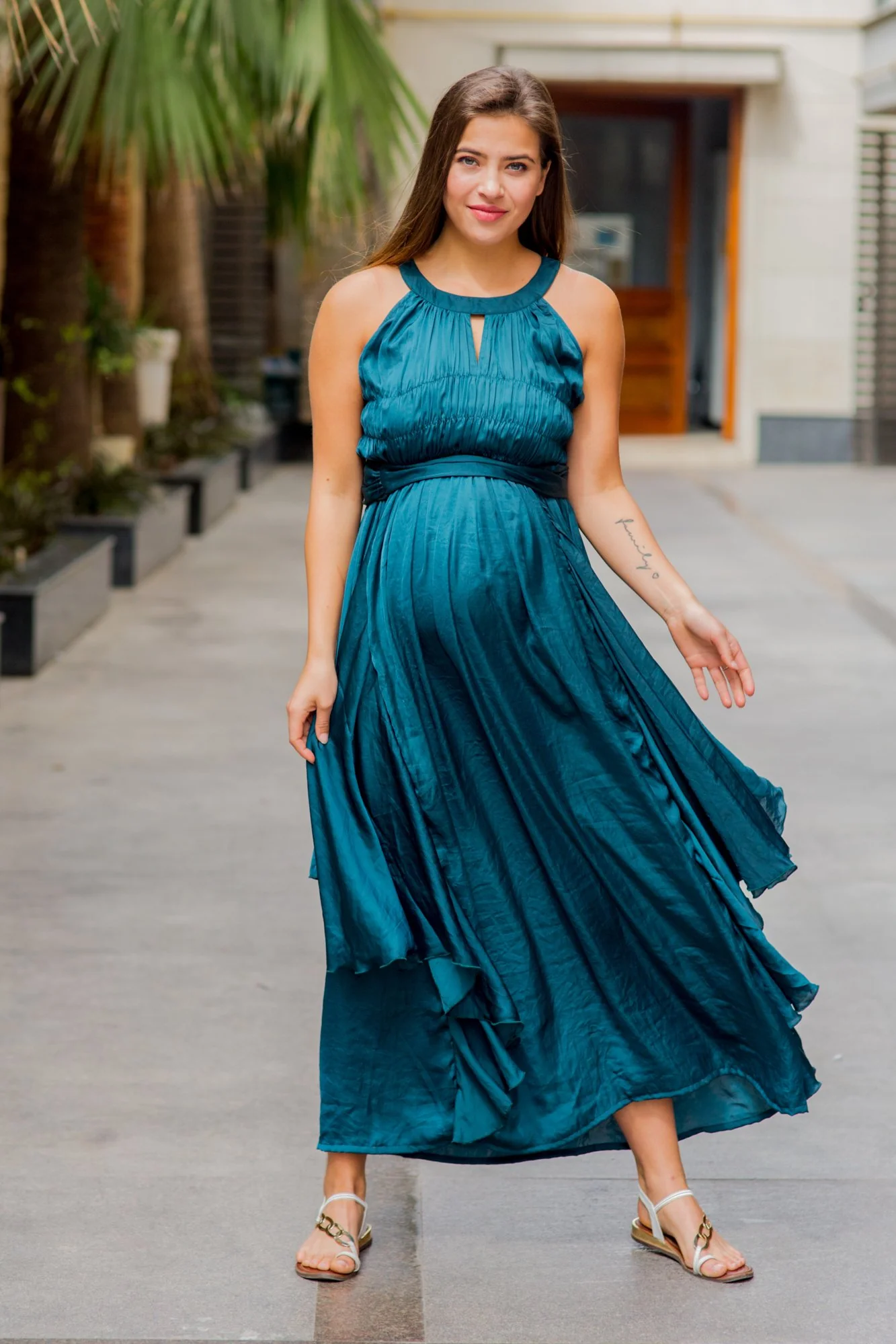 Luxe Teal Ruching Maternity Flow Dress - Chenance