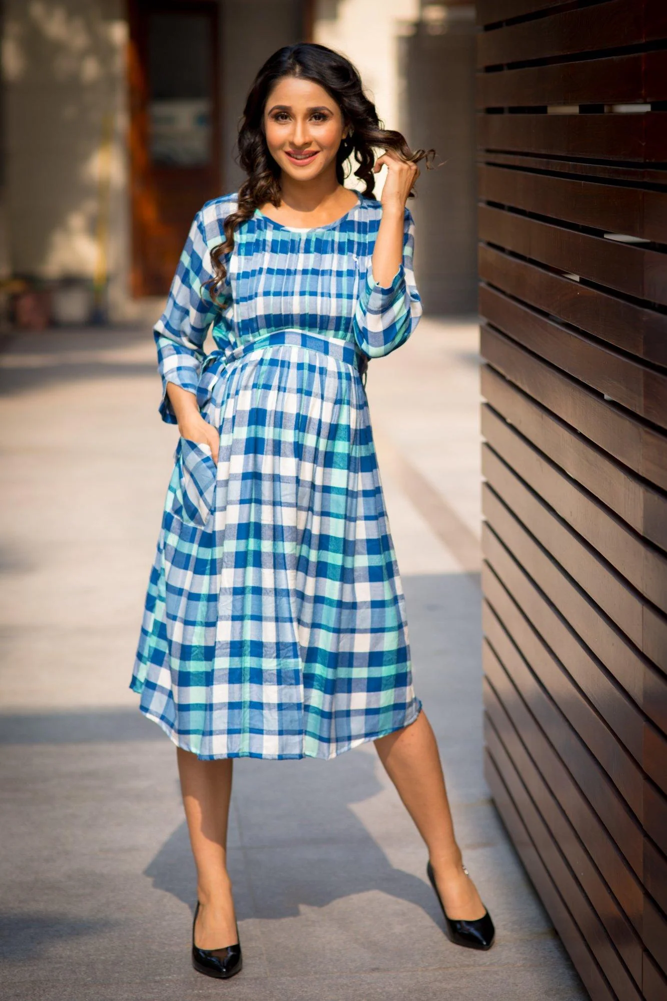 Saphire Blue Plaid Pintucks Maternity & Nursing Dress - Chenance