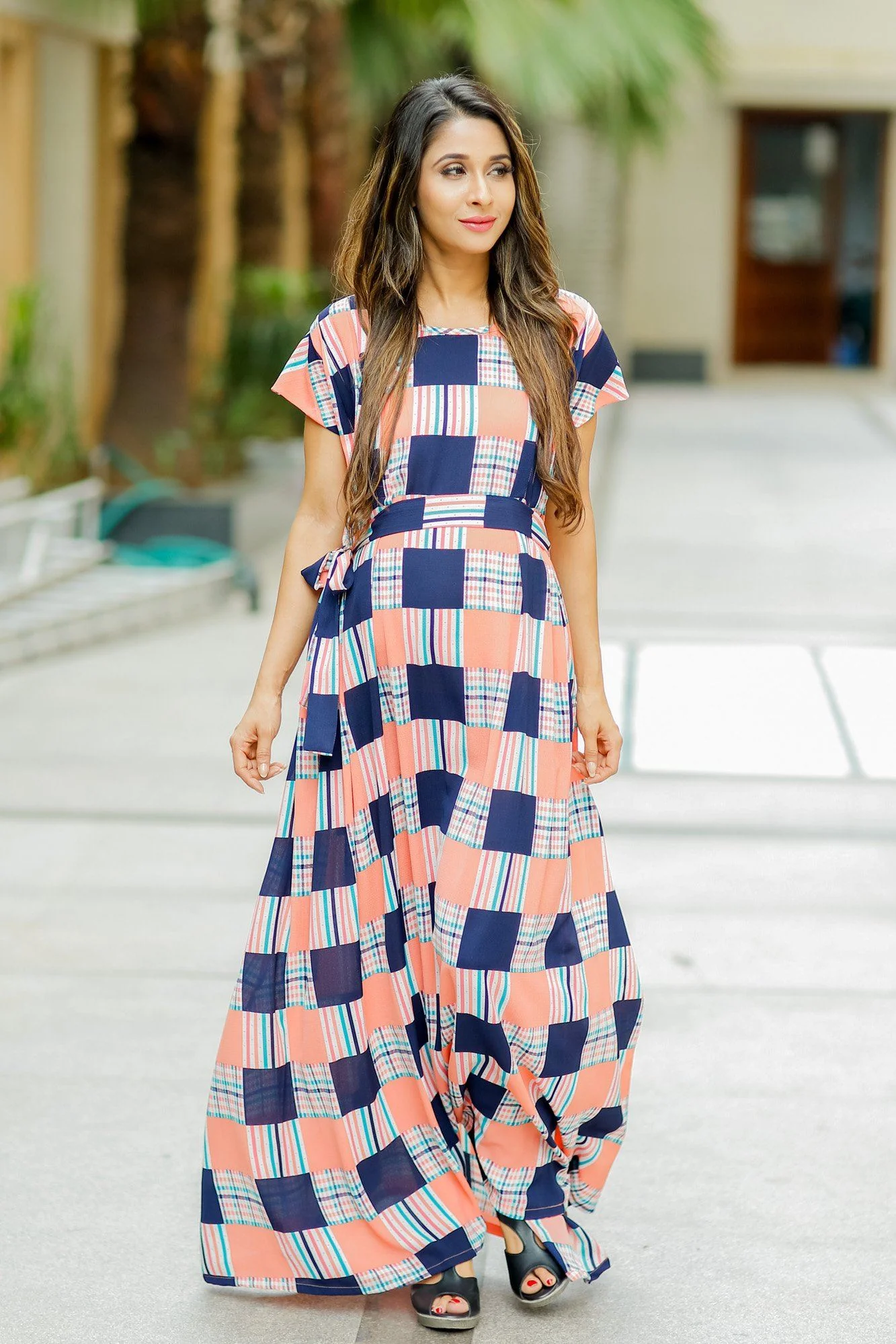 Orange Check Bubble Georgette Concealed Zips Dress - Chenance